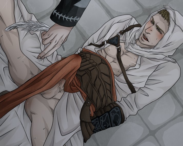 2boys altair_ibn_la-ahad assassin's_creed assassin's_creed_(series) feather gay male male_only malik_al-sayf partially_clothed penis sweat testicles ubisoft undressing yaoi