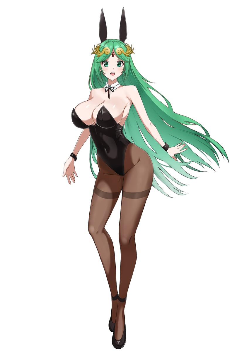 :d alternate_costume animal_ears aotsuba bangs bare_shoulders black_leotard blush bow bowtie breasts bunny_ears bunny_girl bunnysuit cleavage detached_collar fake_animal_ears female full_body green_eyes green_hair heels high_heels horny jewelry kid_icarus kid_icarus_uprising large_breasts legwear leotard long_hair looking_at_viewer nintendo open_mouth palutena pantyhose playboy_bunny rabbit_ears smile solo strapless strapless_leotard tiara very_long_hair