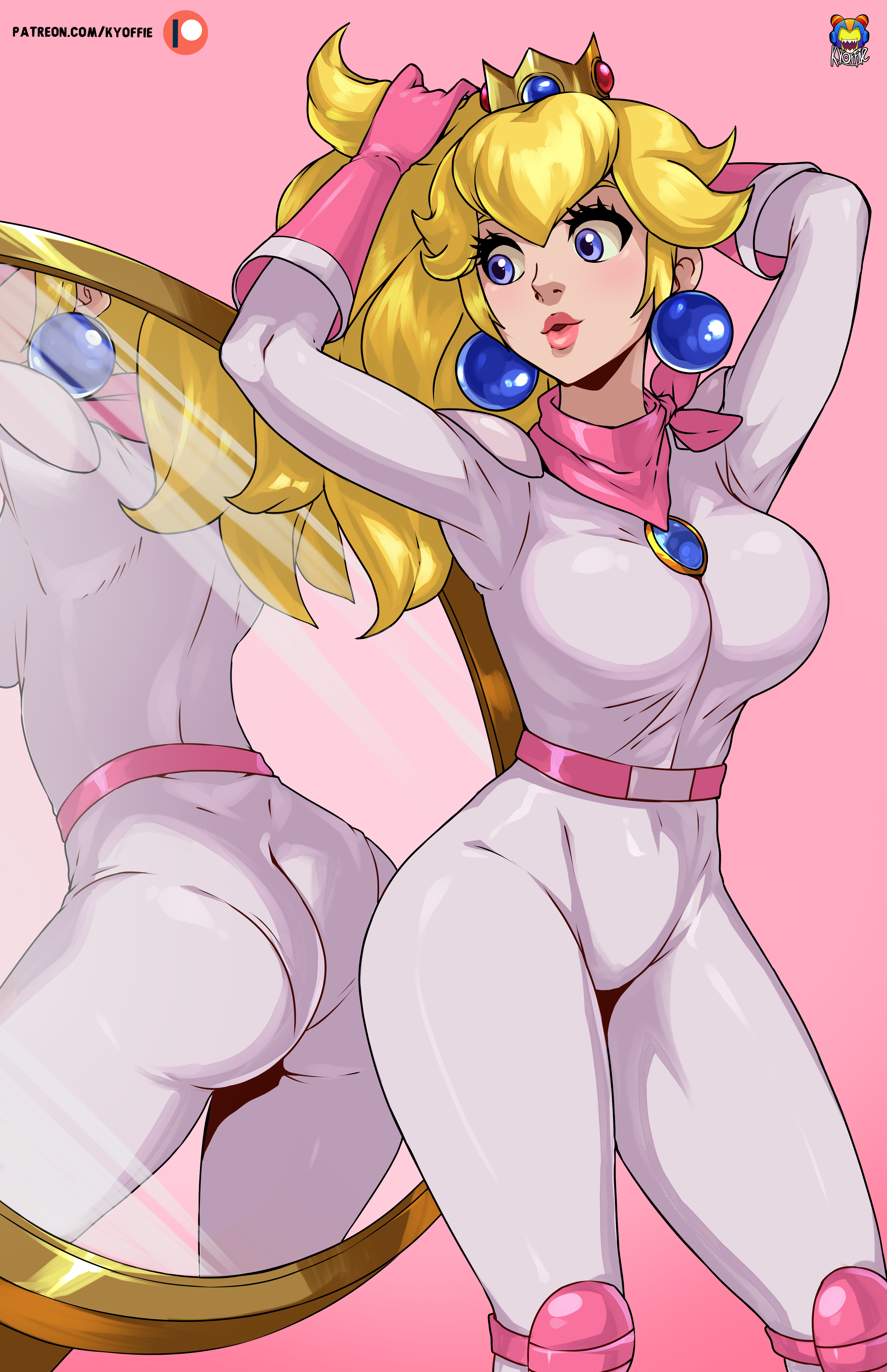 1girls, ass, belt, biker clothes, bikesuit, blonde hair, blue eyes, bodysuit, breasts, cleavage, female, female only, gloves, hi res, jewelry, knee pads, kyoffie, mario (series), mario kart, mirror, nintendo, ponytail, princess peach, reflection, scarf, skin tight, solo, super mario bros. (2023 film), tight clothing
