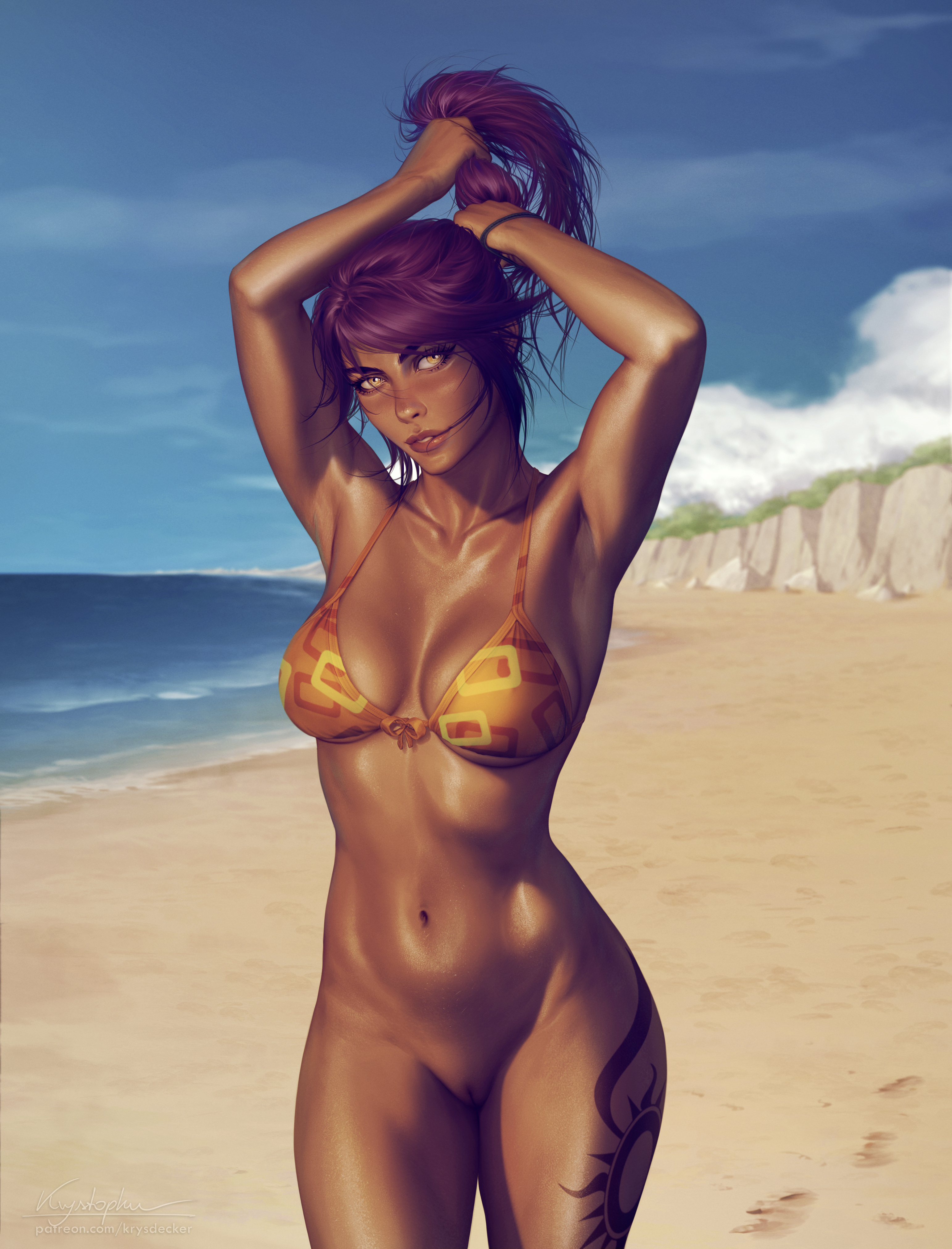 1girls, beach, bleach, bottomless, dark skin, dark-skinned female, female, female only, krysdecker, looking at viewer, purple hair, pussy, shaved pussy, shihouin yoruichi, solo, vagina, yellow eyes