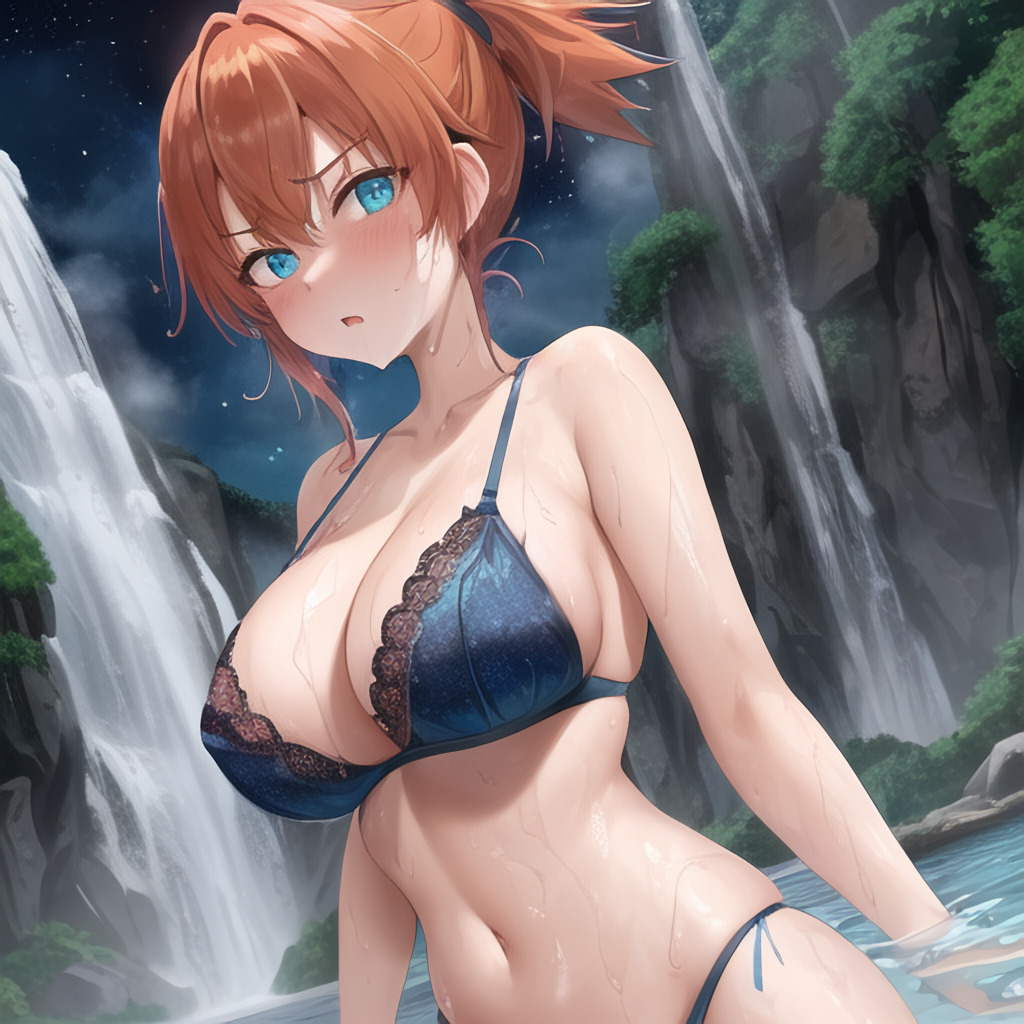 ai generated, alternate breast size, asymmetrical hair, bare shoulders, blue eyes, blush, bra, breasts, female, female only, game freak, green eyes, hair tie, high resolution, hips, huge breasts, kasumi (pokemon), large breasts, lingerie, looking at viewer, navel, night, nintendo, open mouth, orange hair, panties, pokemon, pokemon (anime), pokemon (game), pokemon rgby, ponytail, shiny, shiny skin, short hair, side ponytail, simple background, thong, tied hair, underwear, water