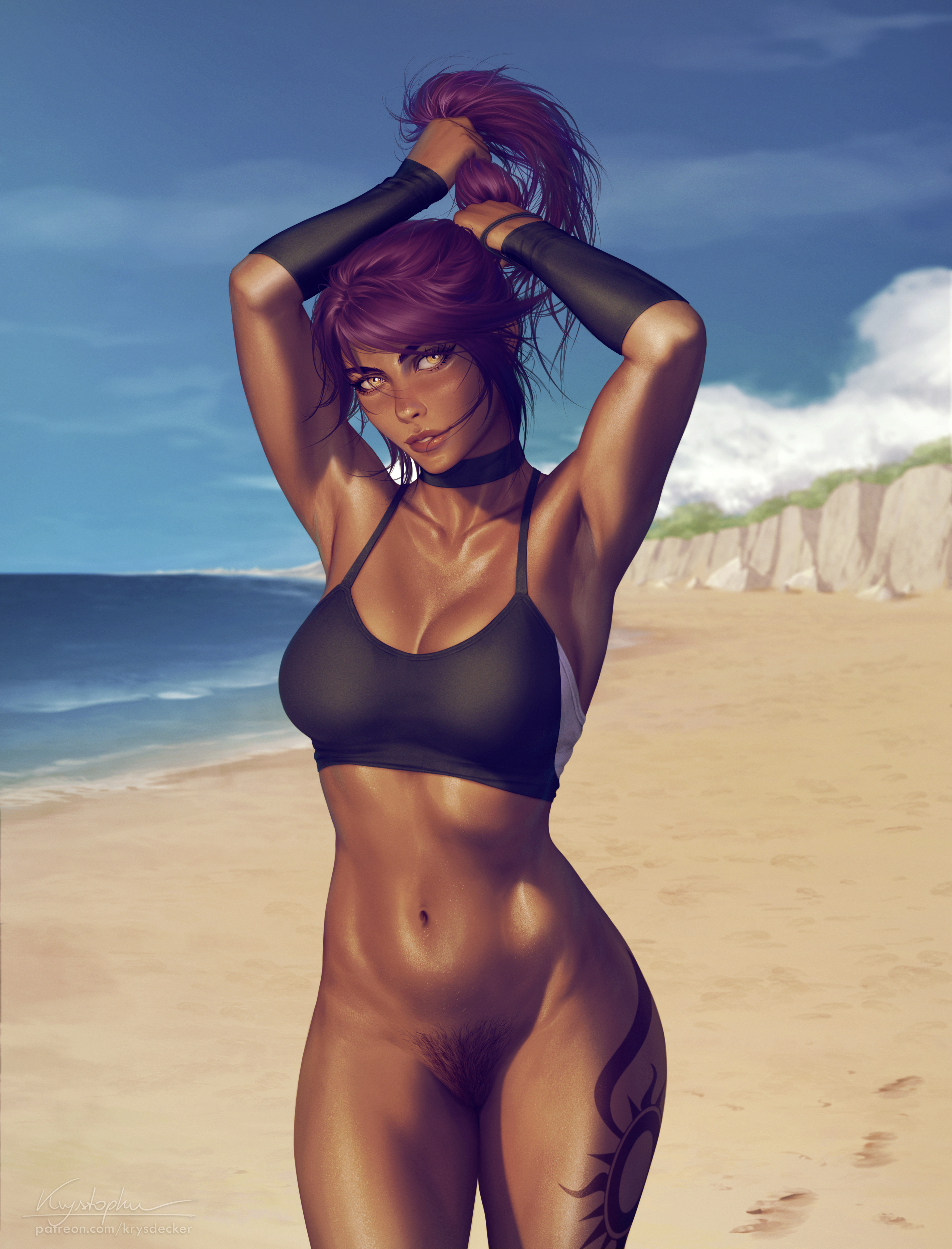 1girls, beach, bleach, bottomless, dark skin, dark-skinned female, female, female only, krysdecker, looking at viewer, pubic hair, purple hair, pussy, shihouin yoruichi, solo, vagina, yellow eyes