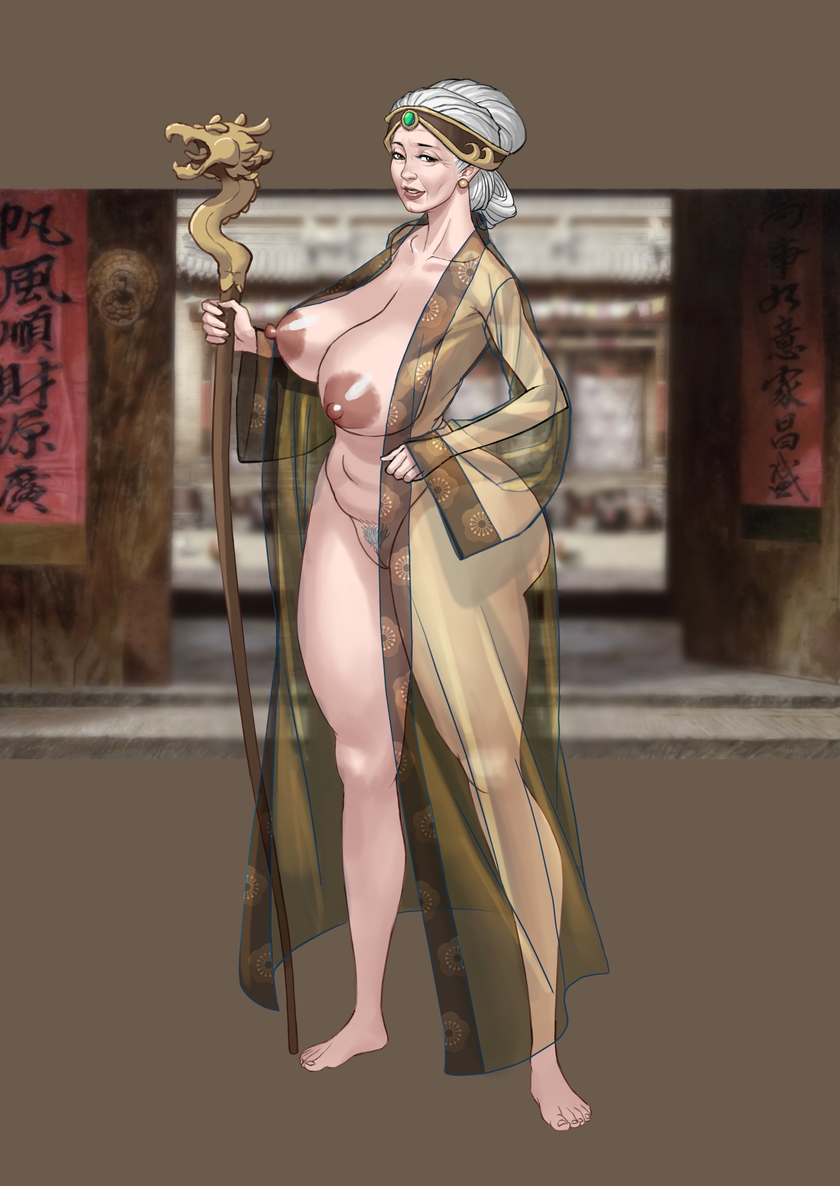 1girls, 69 (artist), adult, areolae, ass, big ass, big breasts, big butt, breasts, breasts out, curvaceous, curvy, curvy body, curvy female, earrings, female, female only, full body, gilf, grandmother, granny, hair ornament, large ass, light skin, light-skinned female, looking at viewer, mature, mature female, nipples, old, older female, pubic hair, pussy, solo, solo female, solo focus, thick thighs, translucent, translucent clothing, transparent clothing, vagina, vulva, white hair, white pubic hair