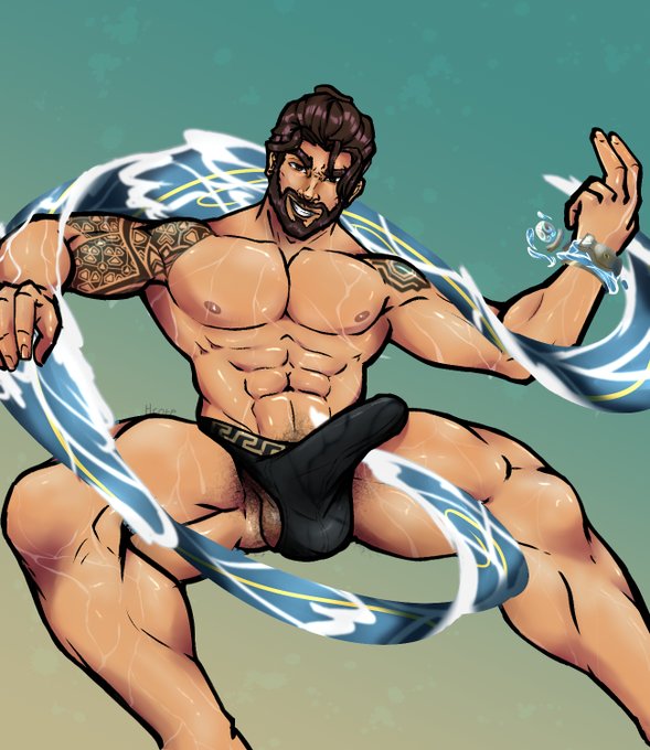 1boy armpits bara beard big_penis black_hair brown_eyes brown_hair erection facial_hair gay harbor_(valorant) long_hair looking_at_viewer male male_focus male_only muscles muscular muscular_male pubic_hair smile solo solo_focus solo_male sweat tattoo underwear valorant water wet yaoi