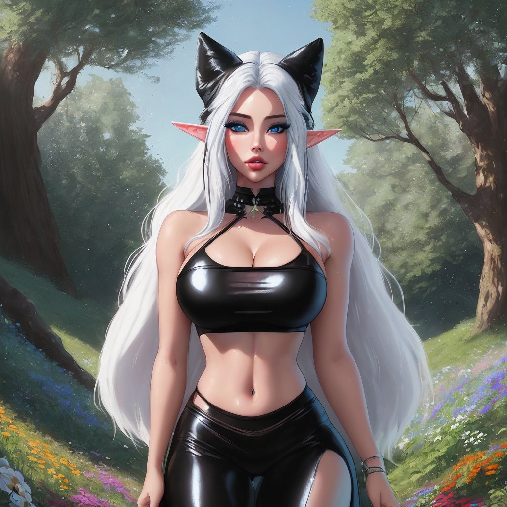1girls, 2023, ai generated, big breasts, breasts, cat ears, cleavage, curvy female, elf ears, elf female, elf girl, female, hi res, latex, long hair, looking at viewer, shiny clothes, stable diffusion, tight clothing, white hair