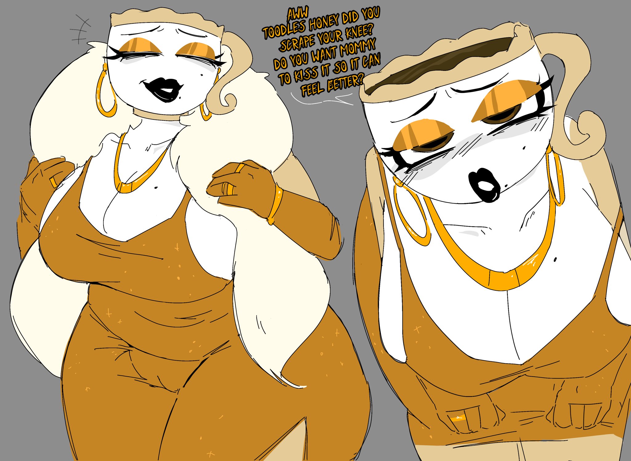 1girls, 2020s, 2026, big breasts, black lipstick, blushcrunch studio, boa (clothing), breasts, clothed, clothing, dandy's world, dandys world, dialogue, dress, earrings, english, english dialogue, english text, eyeshadow, female, female only, gold dress, gold eyeshadow, grey background, lipstick, necklace, object head, pageeeeeeee, pussy, pussy visible through clothes, roblox, solo, solo female, tagme, teacup, teagan (dandy's world), text