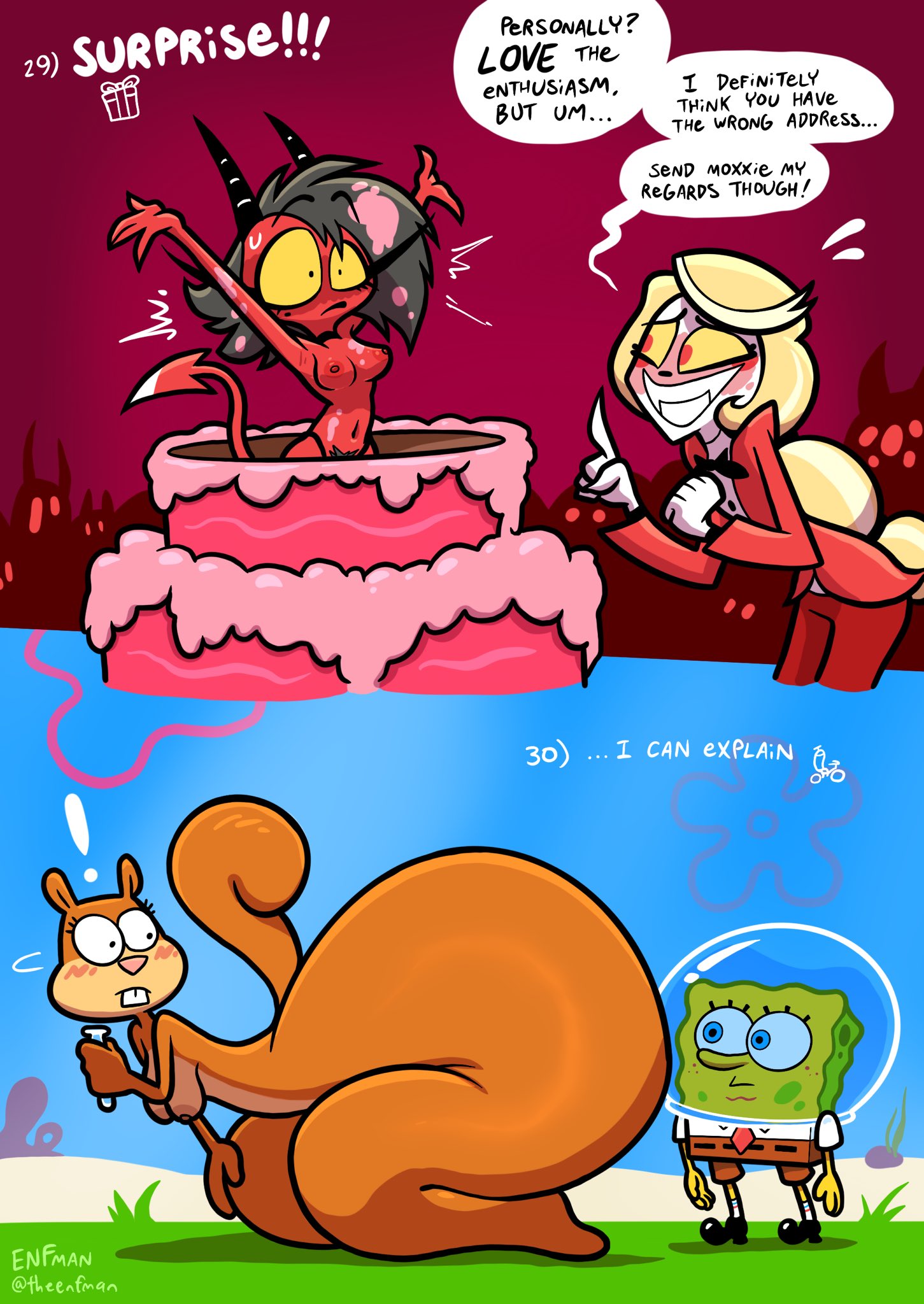 3girls, ass, big ass, breasts, charlie morningstar (hazbin hotel), female, hazbin hotel, helluva boss, millie (helluva boss), pubic hair, sandy cheeks, spongebob squarepants, spongebob squarepants (character), tagme, theenfman