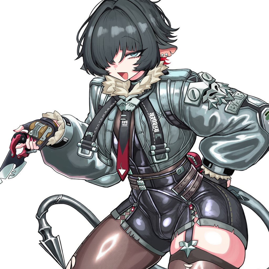 1boy, 2026, ai-generated, androgynous, asymmetrical legwear, black hair, black pants, blue eyes, blue jacket, bodystocking, bulge, cowboy shot, english commentary, femboy, fur-trimmed jacket, garter straps, genderswap, genderswap (ftm), hachimides, hair intakes, hair over one eye, half-closed eyes, hand on hip, jane doe (zenless zone zero), john doe (zenless zone zero) (scopeophilia), knife, long sleeves, mechanical tail, mouse boy, mouse ears, red nails, red necktie, rule 63, shorts, simple background, skindentation, solo, solo male, torn thighhighs, trap, weapon, white background, zenless zone zero