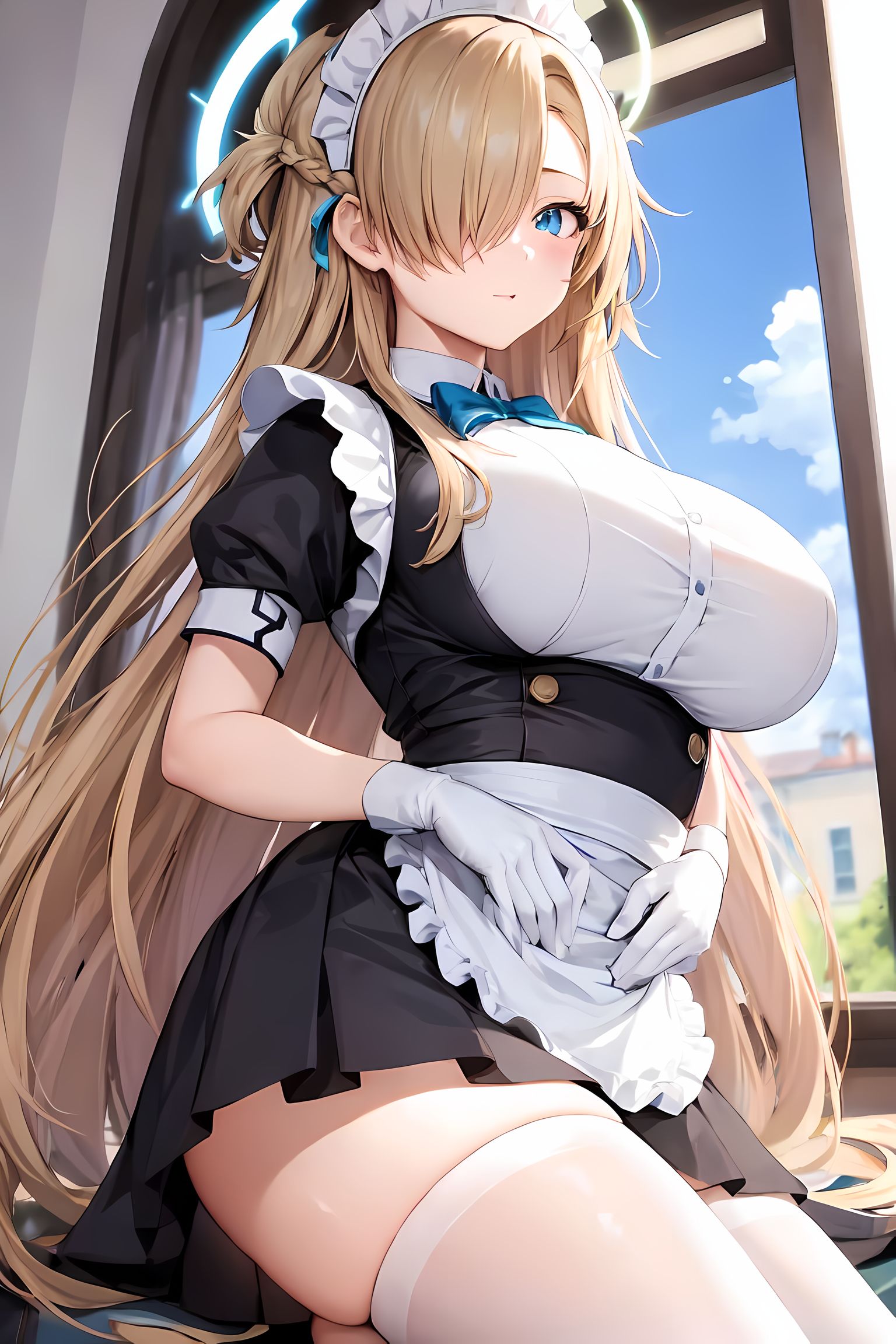 1girls, ai generated, asuna (blue archive), blonde hair, blue archive, blue eyes, breasts, cleavage, female, hair over one eye, halo, huge breasts, light skin, light-skinned female, long hair, maid, maid outfit, stable diffusion, thick thighs