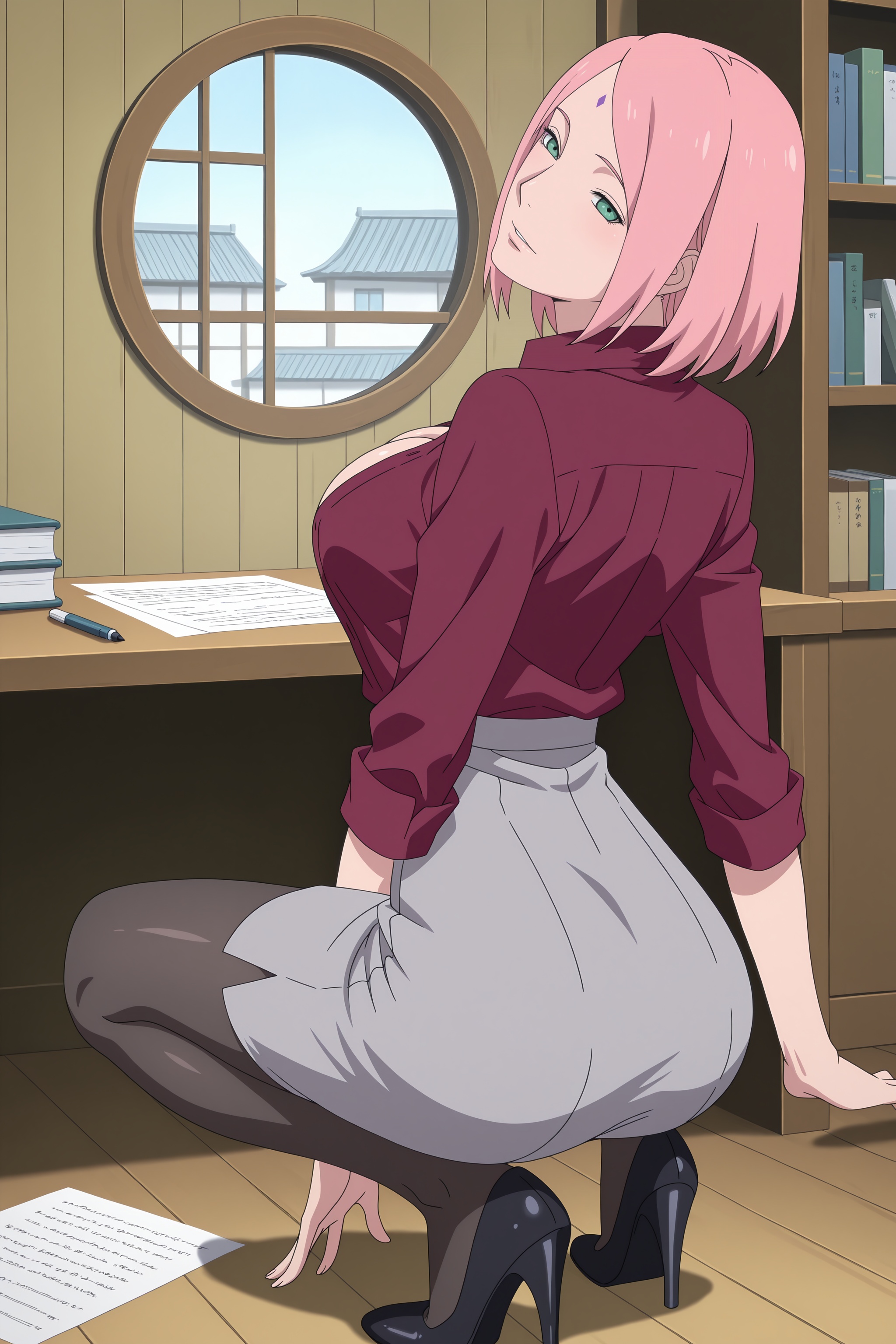 1girls, ai generated, ass, black footwear, black pantyhose, book, bookshelf, breasts, digitalwaifugallery, facial mark, forehead mark, from behind, green eyes, grey skirt, hi res, high heels, high quality, high resolution, indoors, large breasts, looking at viewer, looking back, mature female, naruto, pantyhose, paper, patreon, pink hair, sakura haruno, seductive, sexy, shirt, short hair, skirt, smile, solo, squatting, uncensored, window, wooden floor