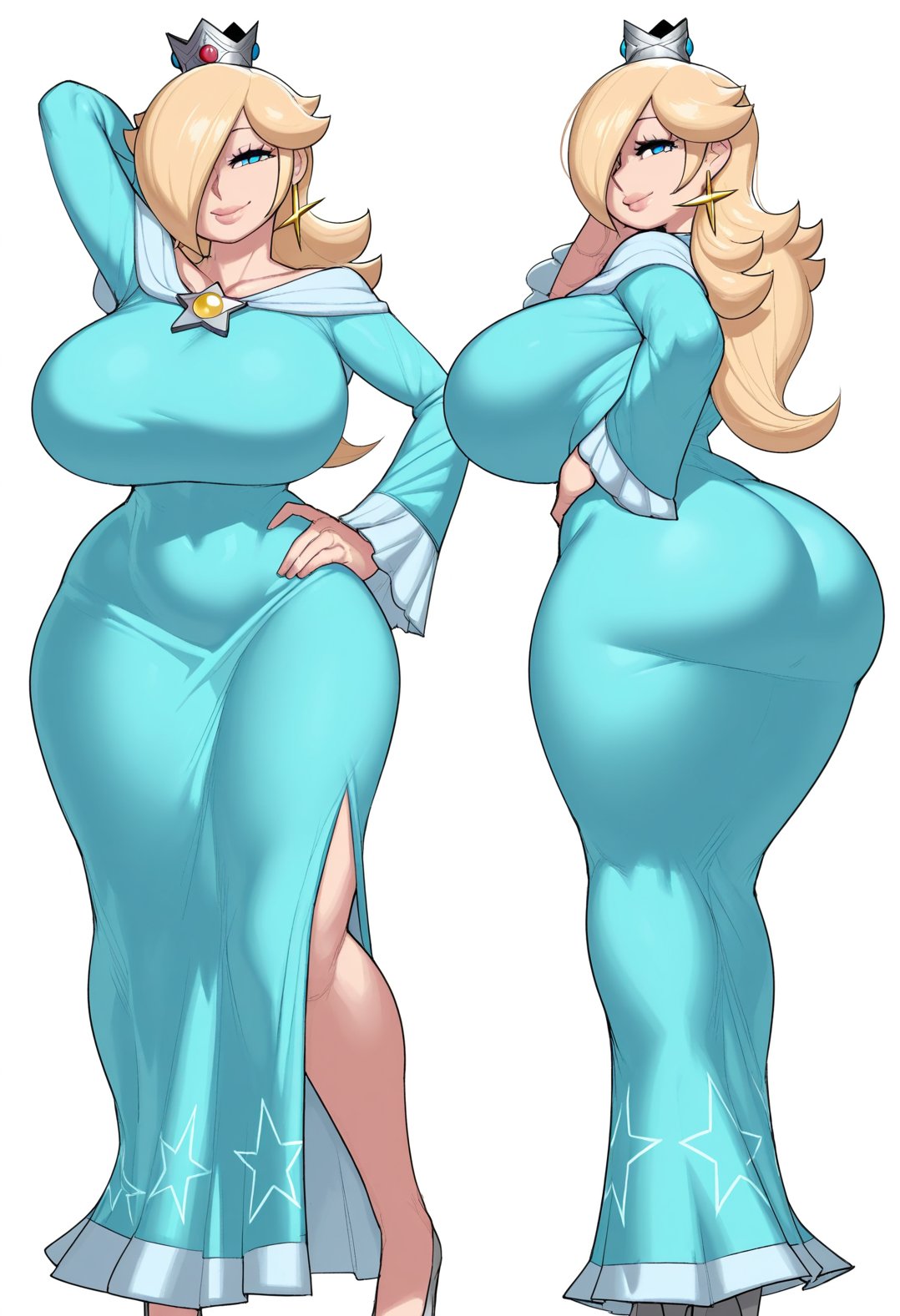 1girl, ai generated, ass, blonde hair, blue eyes, breasts, crown, curvy, dress, earrings, hair over one eye, huge breasts, jewelry, lips, long hair, looking at viewer, mario (series), mini crown, nintendo, plump, princess rosalina, rosalina, smile, thick thighs, thighs, wide hips