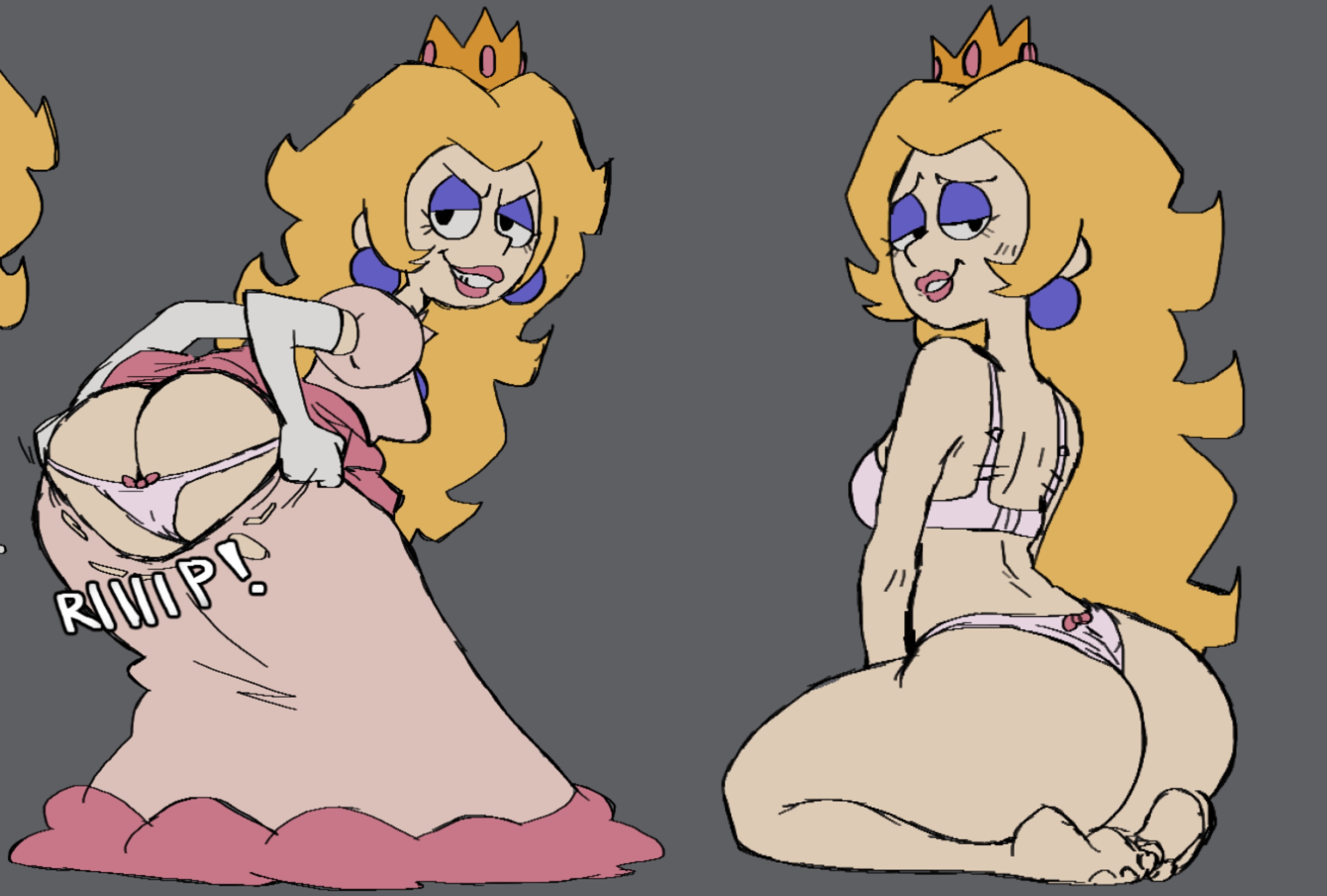 appled0tnet, ass, bedroom eyes, big ass, black eyes, blonde hair, bra, breasts, dumptruck ass, fat ass, feet, horny, inviting, light-skinned female, lipstick, long hair, looking back at viewer, makeup, mario (series), nintendo, panties, princess, princess peach, princess peach (xandrecos), ripping clothing, royalty, smiling, super mario bros., thick thighs, thighs, xandrecos