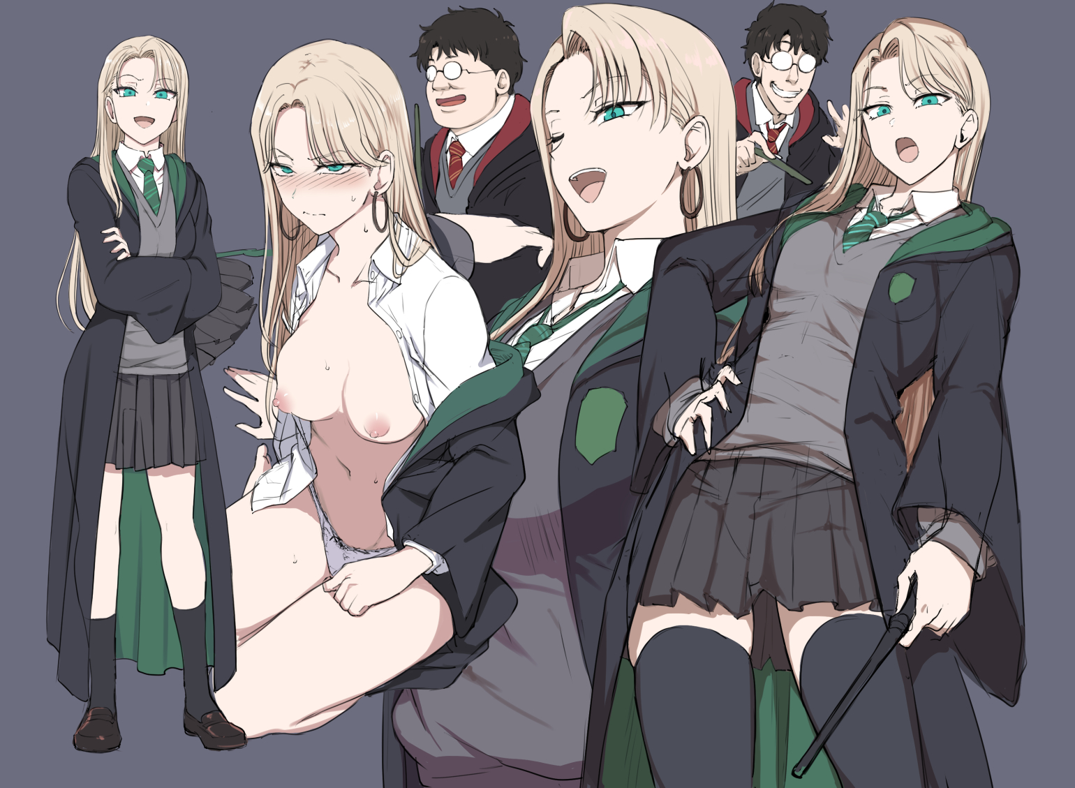 1boy, 1girls, artist request, breasts, draco malfoy, draco malfoy (redteneri), female, female focus, genderswap, girls, harry james potter, harry potter, hi res, large breasts, light skin, light-skinned female, looking at viewer, rule 63, thick thighs, thighs, wide hips