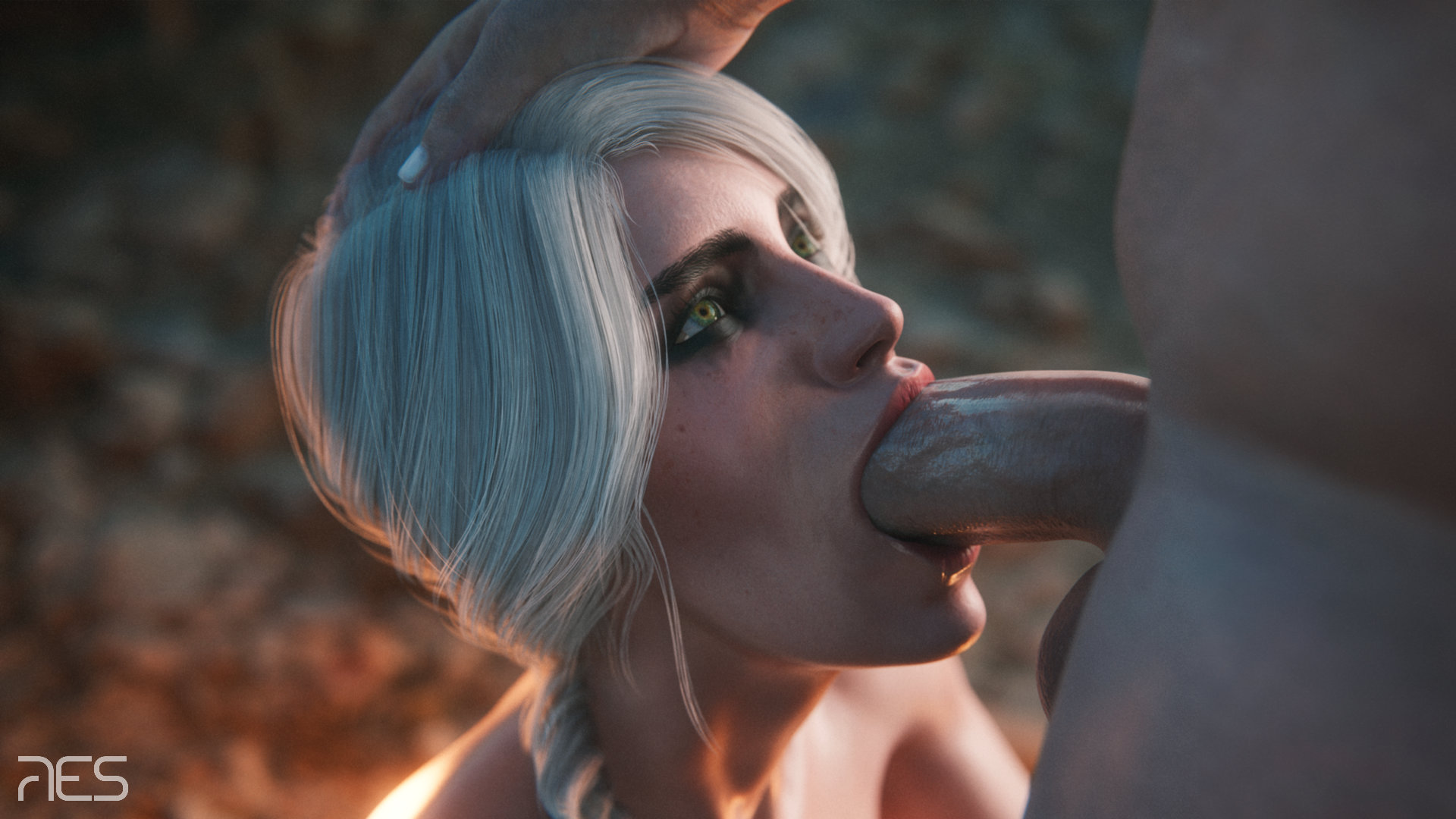 1boy, 1girls, 3d, big penis, blowjob, braid, cd projekt red, ciri, completely nude, deepthroat, fellatio, female, freckles, freckles on face, green eyes, head grab, kneeling oral position, light skin, light-skinned female, light-skinned male, male, mascara, nude, oral, oral penetration, oral sex, outdoors, penis, res (artist), scar, sucking penis, the witcher (series), the witcher 4, white hair, witcherres