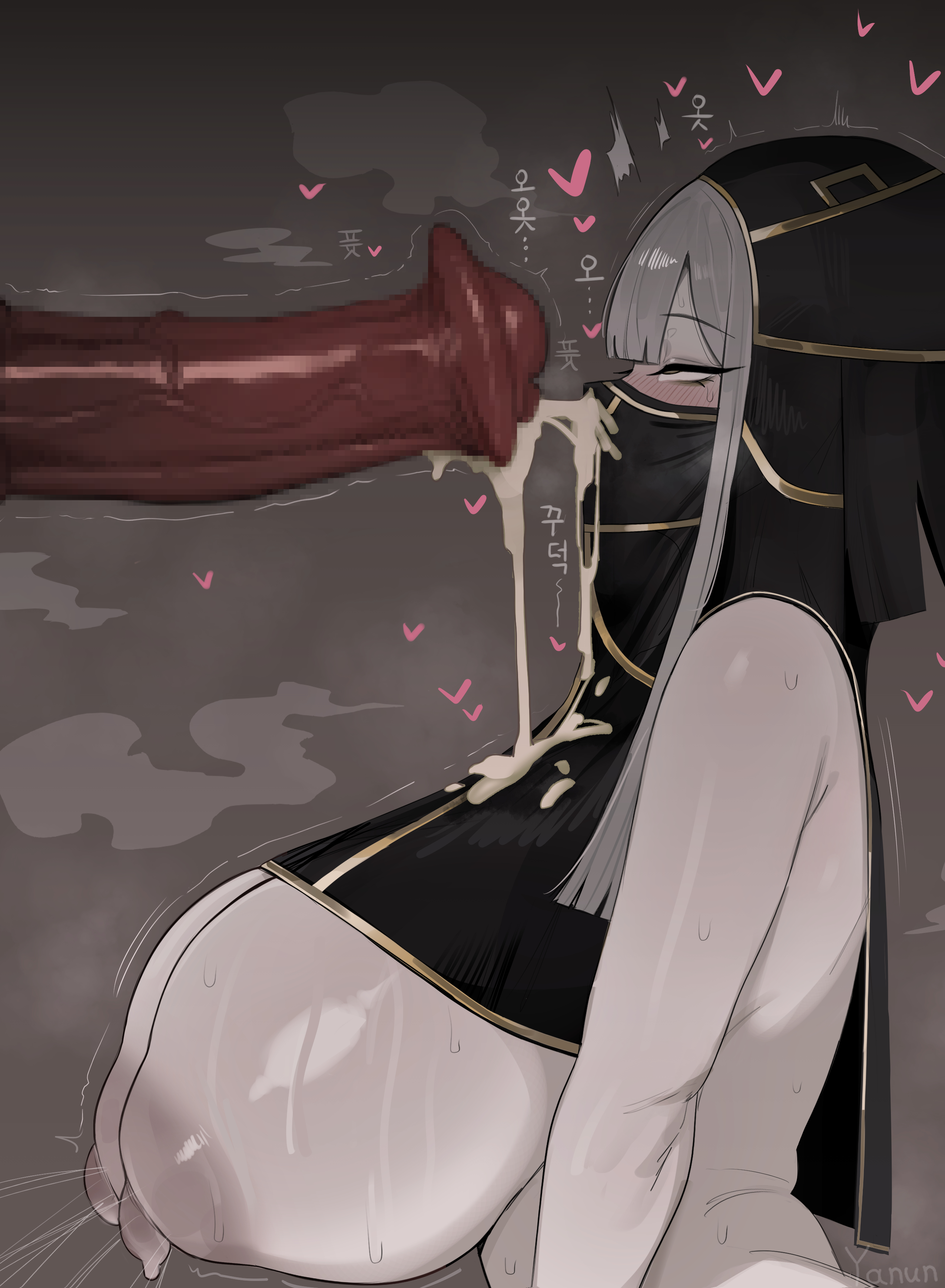 1boy, 1girls, 2d, 2d (artwork), absurd res, absurdres, alternate breast size, alternate version at source, alternate version available, areola, areolae, big breasts, big penis, black veil, blush, blush lines, blushing, breast milk, breasts, cock, cock hungry, covered mouth, cum, cum on breasts, cum on face, ejaculation, erection, excited, eyes rolling back, feeling pleasured, fluid on breasts, gigantic breasts, grey body, grey hair, heart, heart symbol, hearts around head, hi res, highres, horny, horny face, horny female, horse penis, horsecock, huge breasts, huge cock, huge penis, korean commentary, large areolae, large breasts, large cock, large penis, leaking milk, limbus company, looking at penis, milk, mosaic censoring, mostly nude, mouth veil, naked, naked female, nipples, no text version, nude, nude female, one-leg (project moon), pale skin, pale-skinned female, penis, penis in front of face, penis on face, pleasure face, project moon, seductive eyes, shaking, shaking breasts, shaking lines, side view, smell, smell fetish, smelly cock, steam, steamy, steamy penis, sweat, sweaty, sweaty body, sweaty breasts, veil, veil only, veins, veiny penis, yanun (yanun0557)