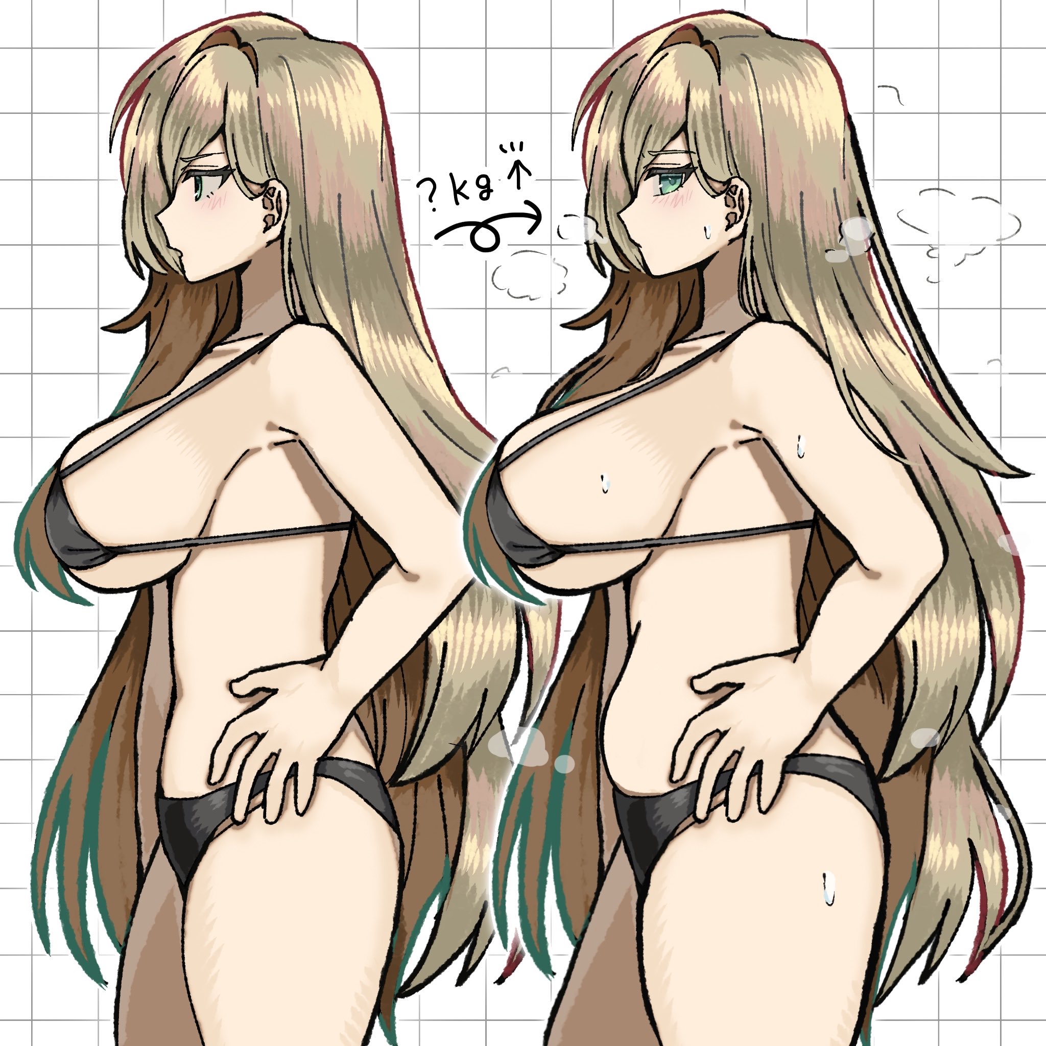1girls, artist request, big breasts, bikini, breast expansion, breasts, female, green eyes, hair, limbus company, long hair, long hair female, project moon, side view, sweat, sweatdrop, sweating, sweaty, sweaty body, two piece swimsuit, two-piece swimsuit, valencina (limbus company), weight gain