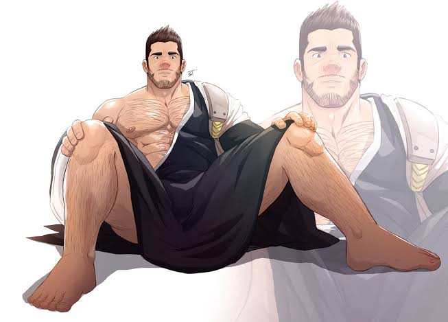 1boy abs artist_signature bara beard big_pecs black_eyes black_yukata bleach body_hair brown_hair chest_hair clothed clothing dilf facial_hair hairy hairy_chest hairy_legs hairy_male hairy_thighs hand_on_knee hands_on_knees human human_only isshin_kurosaki jojiart large_pectorals legs_open legs_spread male male_nipple male_only masculine mature mature_male muscles muscular_legs muscular_male mustache nipple open_legs pecs pectorals sitting six_pack solo spread_legs thick_eyebrows white_background yukata