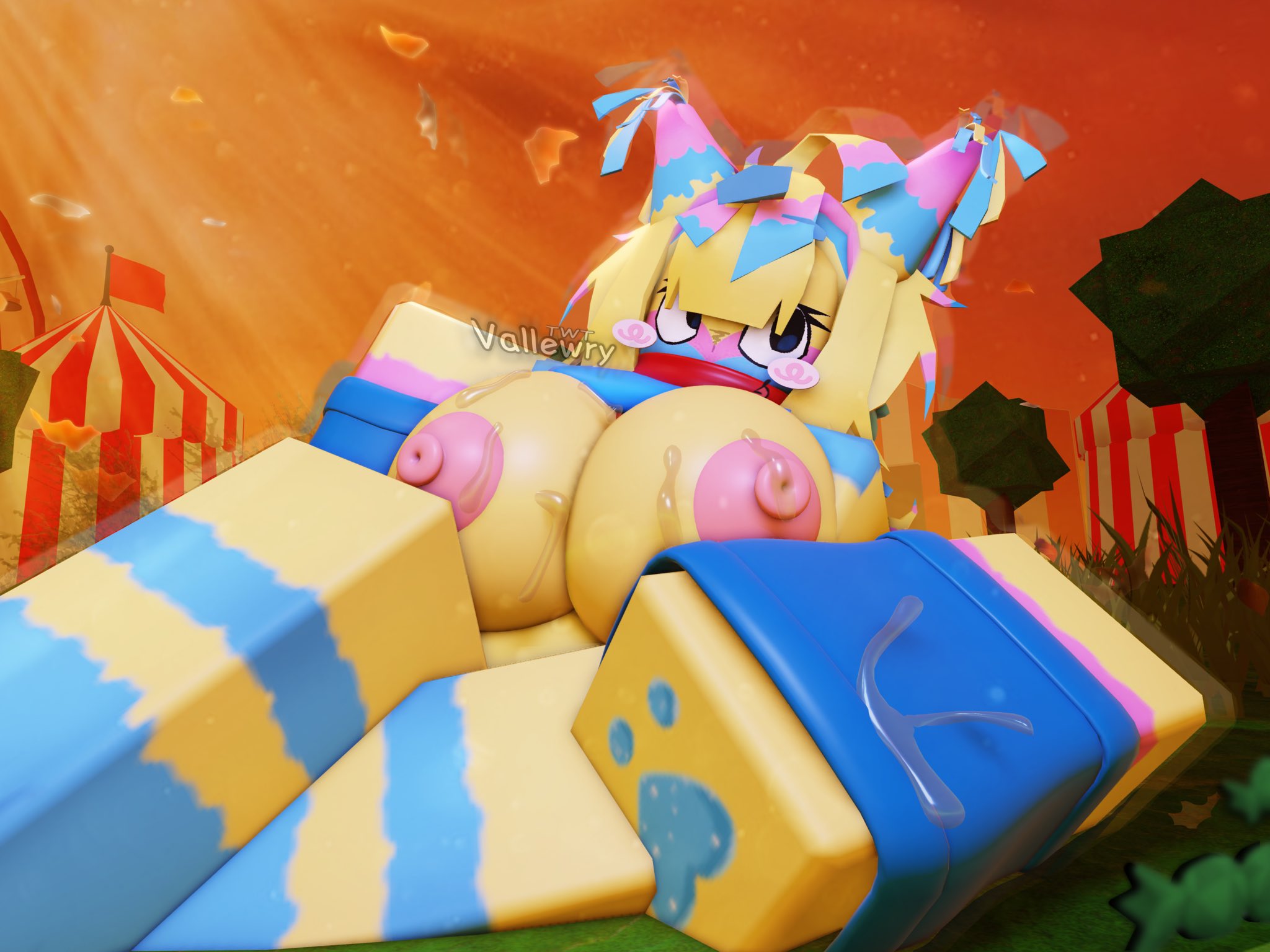 boobs, boobs out, dandy's world, dandys world, flashing, flashing at viewer, flashing breasts, laying down, looking back, roblox, robloxian, teasing, teasing viewer, yatta (dandy's world)
