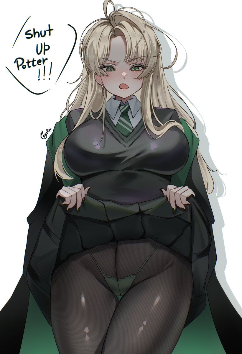 1girls, ayrinsama, breasts, draco malfoy, draco malfoy (redteneri), female, female focus, female only, genderswap, harry potter, large breasts, light skin, light-skinned female, looking at viewer, panties, pantyhose, rule 63, school uniform, skirt, solo, thick thighs, thighs, wide hips