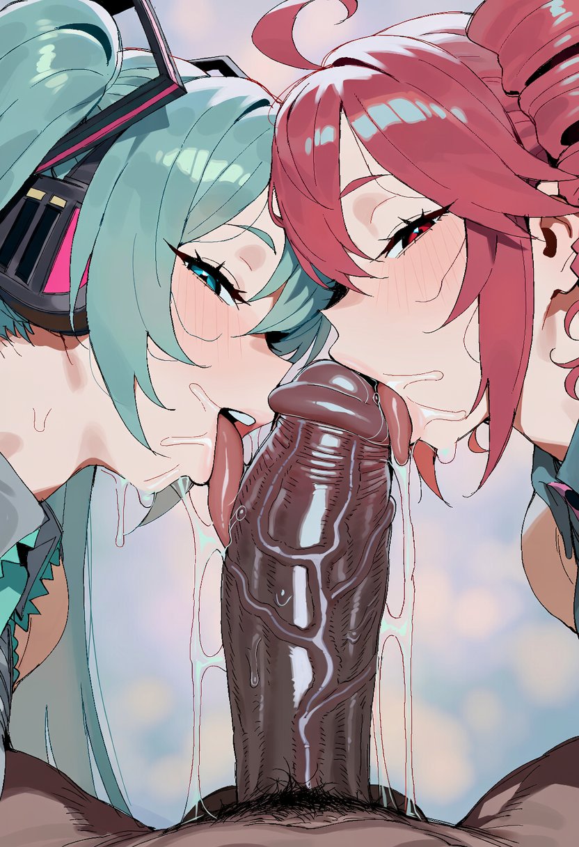 1boy, 2girls, ahoge, ai generated, aqua eyes, aqua hair, aqua neckwear, bare shoulders, blush, dark-skinned male, detached sleeves, erection, fellatio, ffm threesome, half-closed eyes, hatsune miku, headphones, heart, heart-shaped pupils, kasane teto, long hair, male pubic hair, multiple fellatio, multiple girls, necktie, oral, penis, pubic hair, red eyes, red hair, saliva, straight, symbol-shaped pupils, testicles, tongue, twintails, uncensored, utau, veins, veiny penis, vocaloid