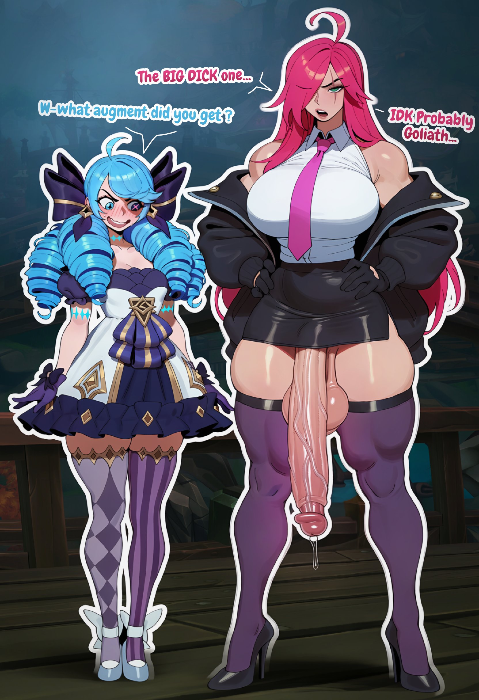 1futa, 1girls, 2026, ai generated, battle academia katarina, battle academia series, big balls, big breasts, big penis, blue eyes, blue hair, blushing, casual, casual exposure, casual nudity, child bearing hips, cleavage, dialogue, female, futa on female, futanari, green eyes, gwen (league of legends), hair ornament, hands on hips, horny, horny female, horny futa, huge balls, huge breasts, huge cock, hung futa, imminent rape, imminent sex, katarina du couteau, league of legends, looking at another's penis, looking at partner, looking at penis, looking at viewer, looking down, looking pleasured, milf, mommy, muscular, muscular futa, noonyx, pink hair, posing, posing for the viewer, precum, precum drip, precum string, scar, small breasts, text, thick thighs, thunder thighs, tight clothing, twintails, veiny penis