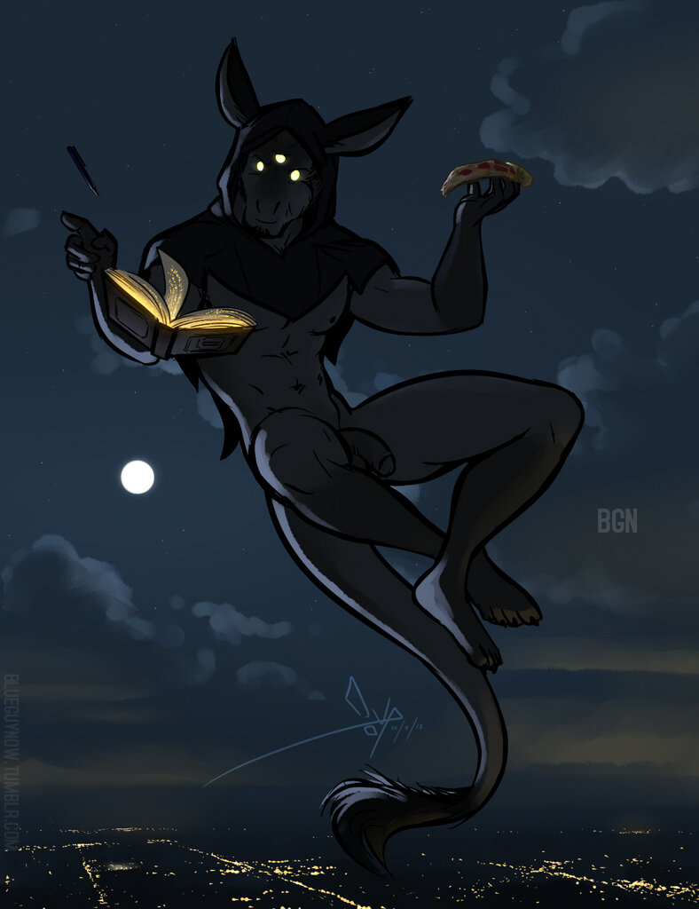 3_eyes anthro bgn book crossed_legs demon detailed_background flaccid food galisteo genitals hood_up humanoid_genitalia humanoid_penis levitation male male_only moon multi_eye night outside penis pizza solo