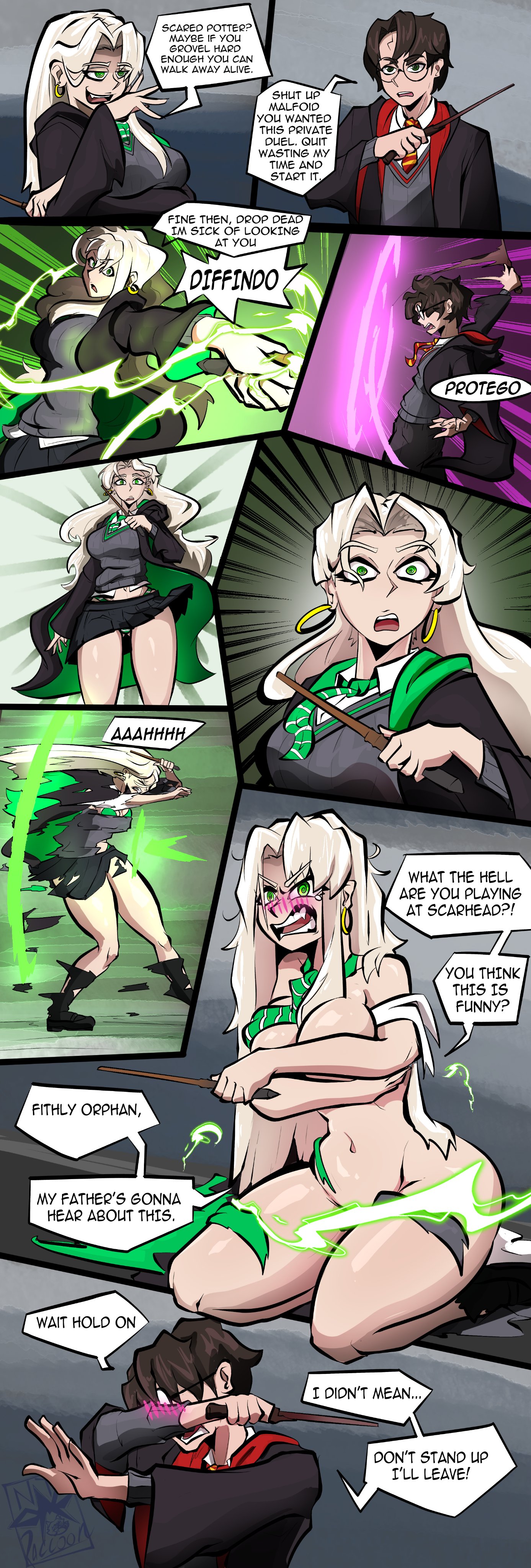 1boy, 1boy1girl, 1girl, 1girls, accidental exposure, blonde hair, blush, covering, covering eyes, defeated, defeated villainess, draco malfoy, draco malfoy (redteneri), earrings, english text, female, genderswap, green eyes, harry james potter, harry potter, humiliation, karma, long hair, male, meme, payback, public exposure, public indecency, public nudity, rule 63, school uniform, straight, surprised, text, torn clothes, torn clothing, undressed, villainess