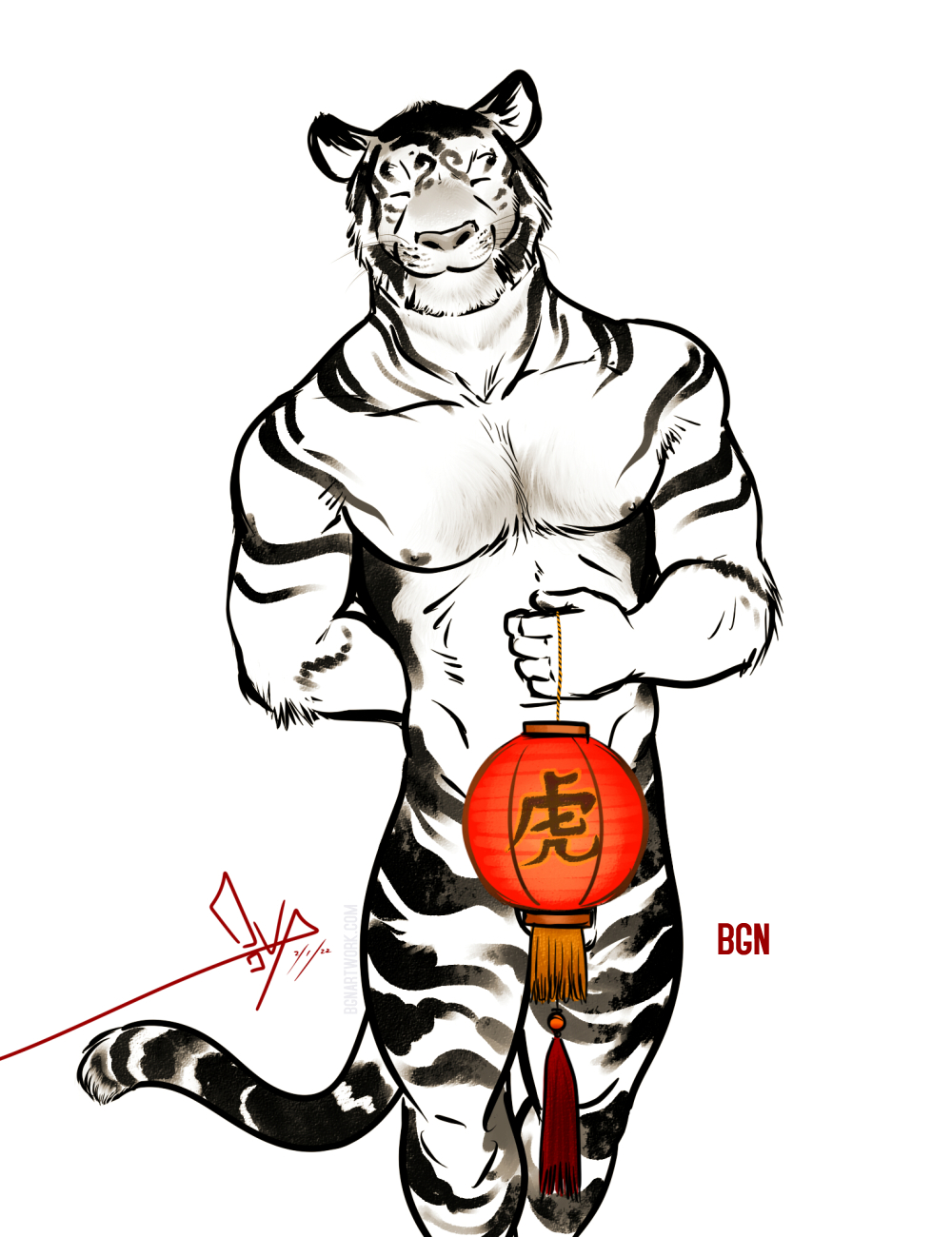 2022 5_fingers anthro balls barely_visible_balls barely_visible_genitalia bgn closed_eyes felid fingers fur genitals hi_res lamp lantern male mammal nipples nude pantherine paper_lantern pecs simple_background smile solo standing stripes tiger whiskers white_background