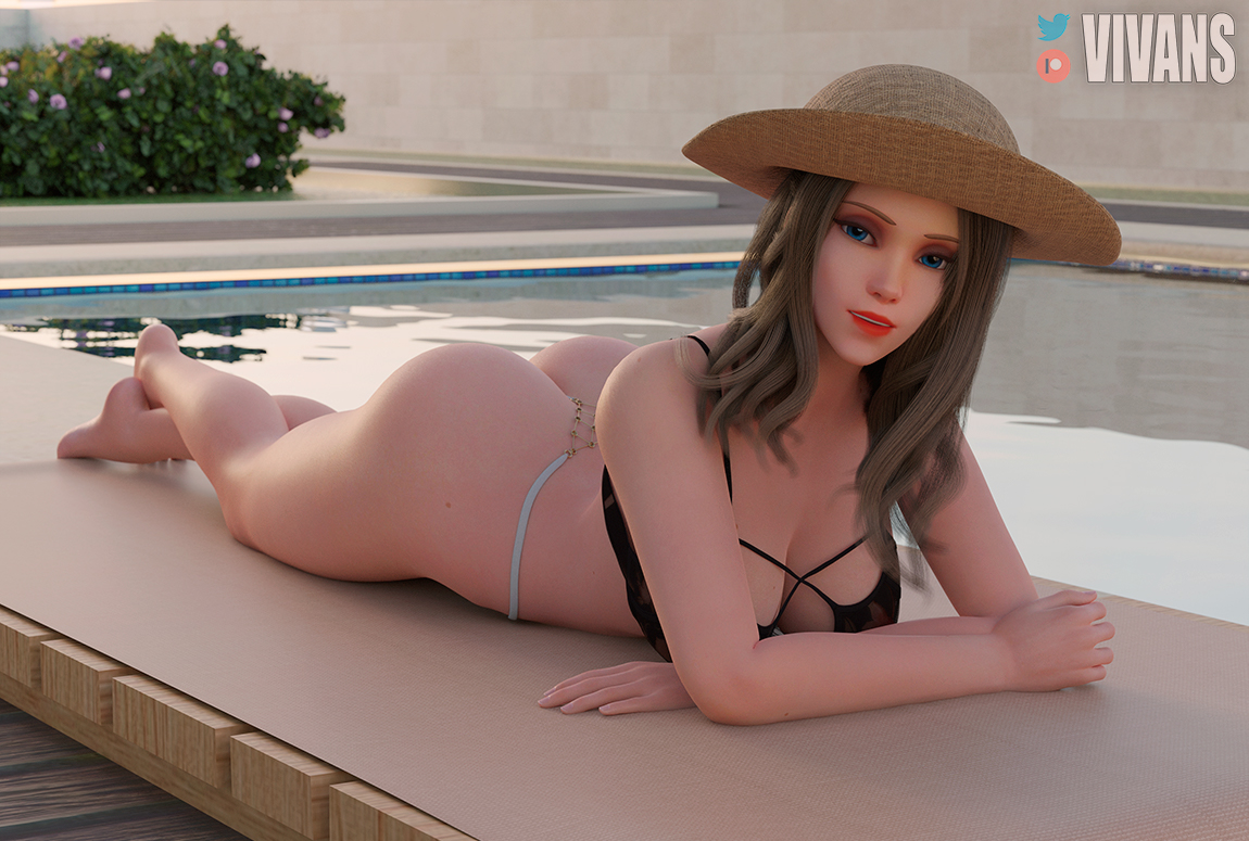 3d, alternate hairstyle, angela ziegler, ass, black lingerie, blender, blonde female, blonde hair, blue eyes, bra, breast grab, breasts, female, female only, g-string, hat, hips, laying, laying down, laying on stomach, legs, lingerie, looking at viewer, mercy, nipples, nipples visible through clothing, overwatch, overwatch 2, pool, seductive, seductive look, thong, vivans