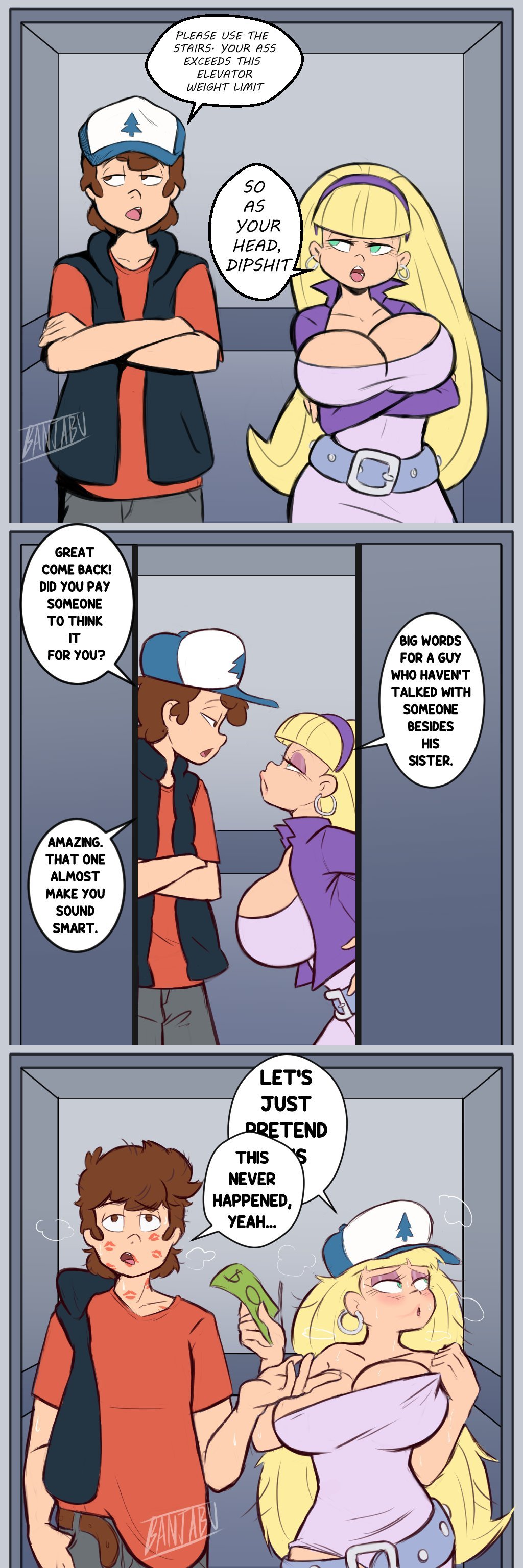 after_sex banjabu banter baseball_cap belt big_breasts blonde_female blonde_hair blush bribe bribery brown_hair dipper_pines elevator elevator_door elevator_sex fanon_couple funny gravity_falls green_eyes hate_sex hidden_sex just_fuck_already kiss_mark meme messy_hair pacifica_northwest pine_tree_(symbol) straight_hair text