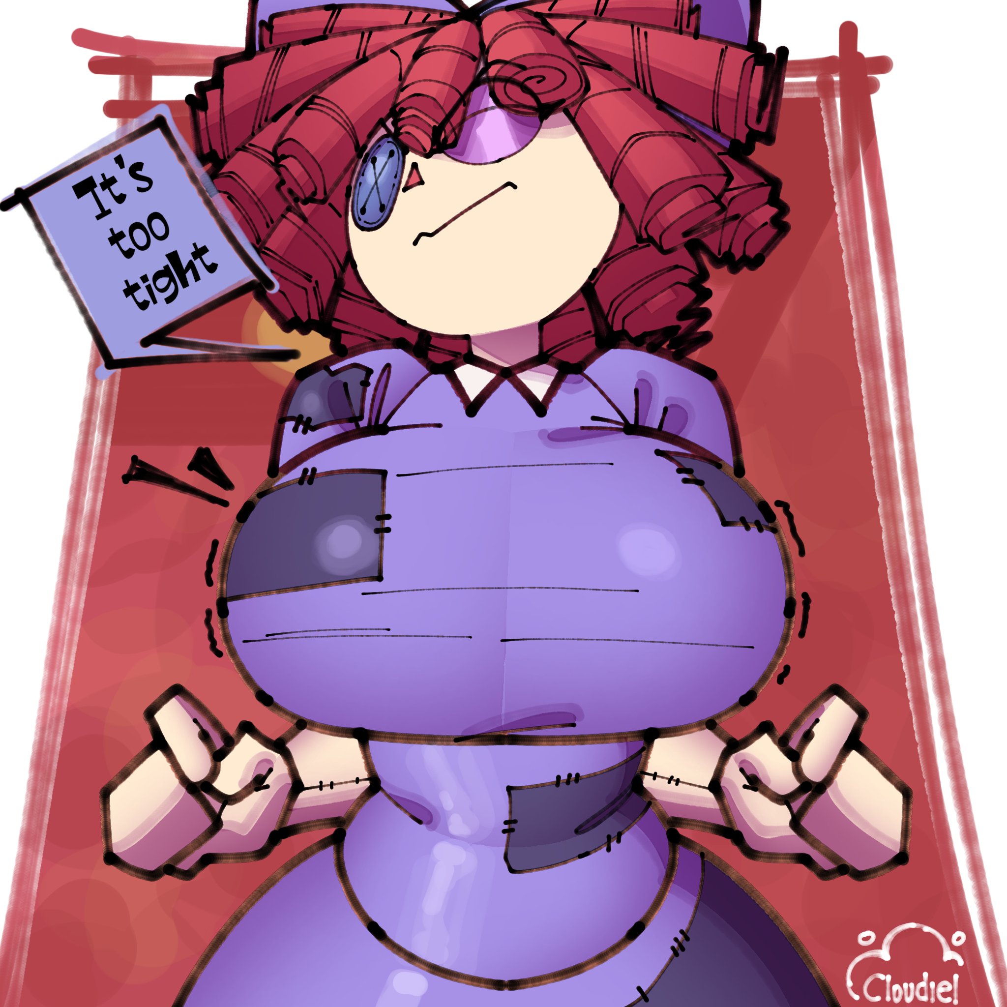 1girls, big breasts, blue dress, bow in hair, breast expansion, breasts, button eye, closed eyes, closed mouth, cloudiel, comic, comic page, curvaceous female, curvy figure, female, female focus, female only, glitch productions, gooseworx, huge breasts, inconvenient breasts, patchwork clothes, ragatha (the amazing digital circus), ragdoll, redhead, redhead female, redheaded female, seams, straining clothing, tagme, the amazing digital circus, voluptuous, voluptuous body, voluptuous female