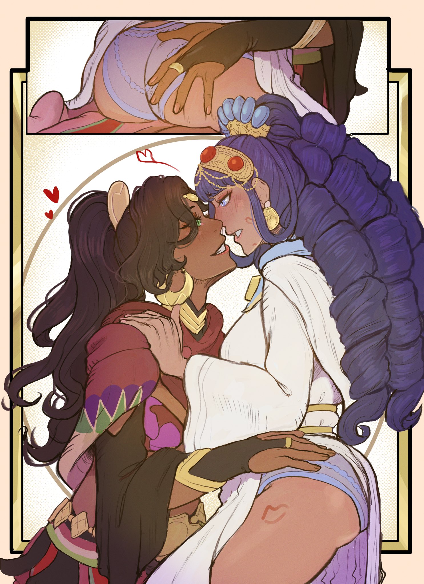 2girls, butt, fire emblem, fire emblem: fortune's weave, hand on ass, hand on shoulder, hiddenfuchsia, implied kiss, kiss mark, leda (fire emblem), looking up, nintendo, panels, panties, yuri