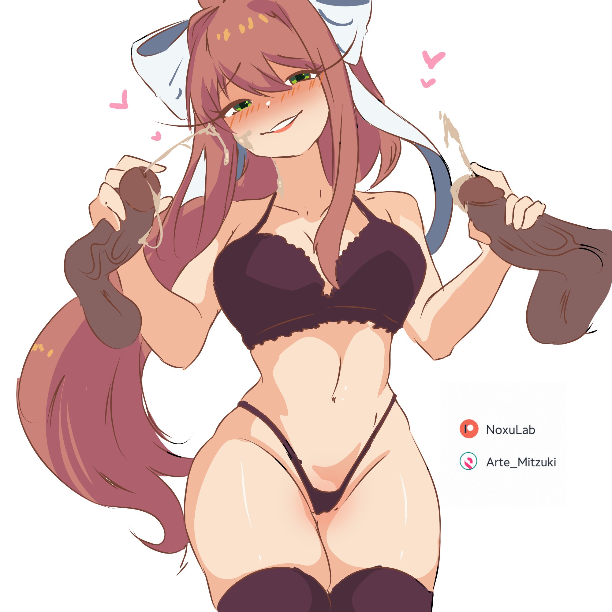1female, 1girl, 1girls, 2026, 2boys, arte mitzuki, artemitzuki (artist), balls, black bra, black panties, black stockings, bra, cum, cum on face, dark skin, dark-skinned male, ddlc, doki doki literature club, light skin, light-skinned female, long hair, mmf threesome, monika (doki doki literature club), panties, penis, sexy, sexy body, sexy female, sexy pose, smile, smiling, smiling at viewer, team salvato, thighhighs, threesome, visual novel, watermark, woman