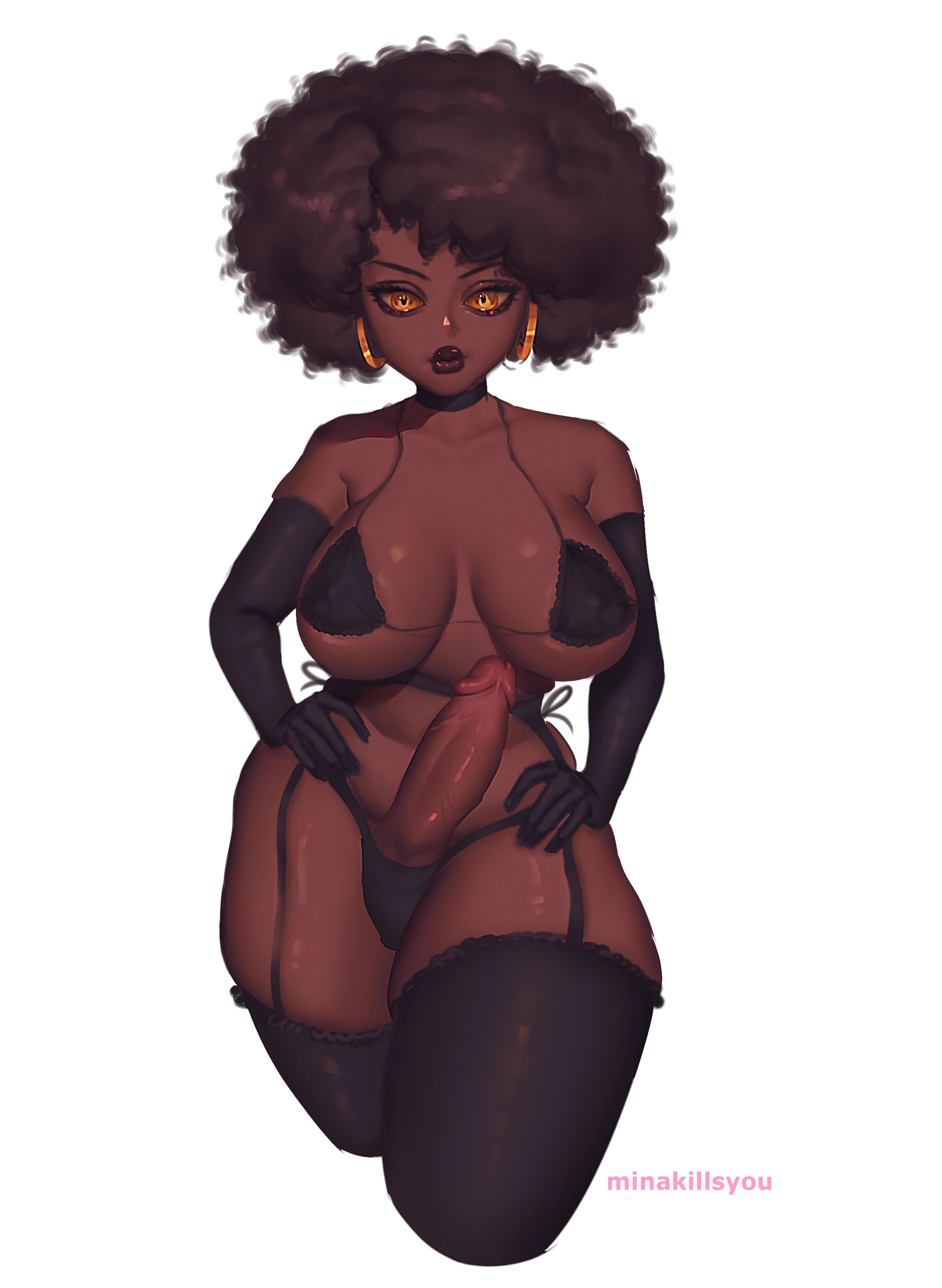 1futa, 2023, abeni (dswizz333), afro, arm gloves, big breasts, black hair, breasts, dark skin, dark-skinned futa, earrings, erect penis, futa only, futanari, garter belt, garter straps, hands on hips, intersex, lingerie, looking at viewer, minakillsyou, nipple bulge, orange eyes, penis, penis out, side-tie bikini, solo, stockings, thick thighs, thigh squish, very high resolution, white background