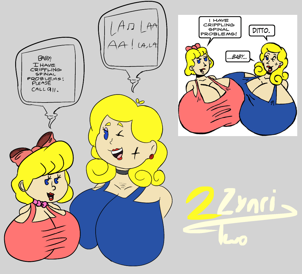 2girls aged_up big_breasts blonde_hair blue_eyes blue_shirt bow breasts cleavage clothed clothing earrings earthbound earthbound_(series) female female_focus female_only giant_breasts huge_breasts lipstick monstorlilly mother_(series) mother_2 nintendo pac-man_eyes paula_jones paula_polestar red_bow red_hairbow red_lipstick red_shirt redraw shirt simple_background tank_top venus_(earthbound)