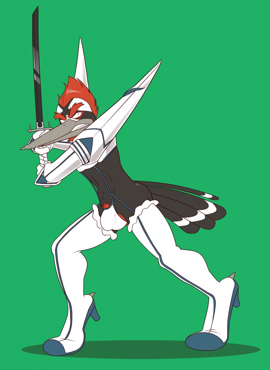 2015 angry anthro anti_dev armor attack_pose avian beak beard bird black_body black_feathers black_sword boots bulge clothing crew_(anti_dev) detailed_bulge facial_hair feathers footwear frilly frilly_clothing green_background grey_beak hi_res high_heeled_boots high_heels holding_object holding_sword holding_weapon junketsu junketsu_(cosplay) kill_la_kill kiryuuin_satsuki_(cosplay) legwear male melee_weapon midriff picid pileated_woodpecker pubes red_beard red_feather_hair red_pubes shoes side_butt simple_background solo spiked_clothing spiked_footwear spiked_shoes spikes studio_trigger sword tail_feathers thigh_boots thigh_highs thong tippy_toes underwear weapon white_armor white_boots white_clothing white_footwear white_thong white_underwear woodpecker