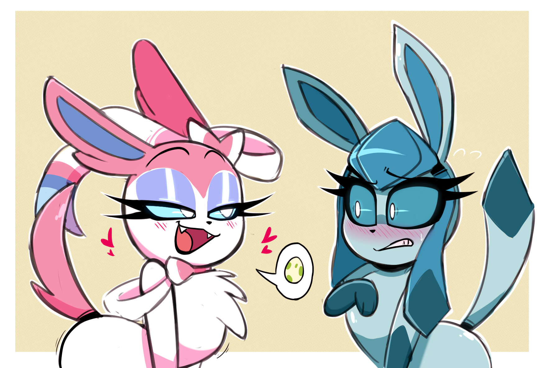 2022, 2d, 2girls, blue body, blue eyes, blue fur, blush, digital media, duo, eeveelution, eye contact, eyeshadow, female, female only, female/female, feral, fur, generation 4 pokemon, generation 6 pokemon, glaceon, heart, hi res, inviting, lipstick, looking at another, makeup, multiple females, multiple girls, nelljoestar, nintendo, pink body, pink fur, pokemon, pokemon (species), ribbons, smile, sylveon, teeth, toony, white body, white fur, yuri