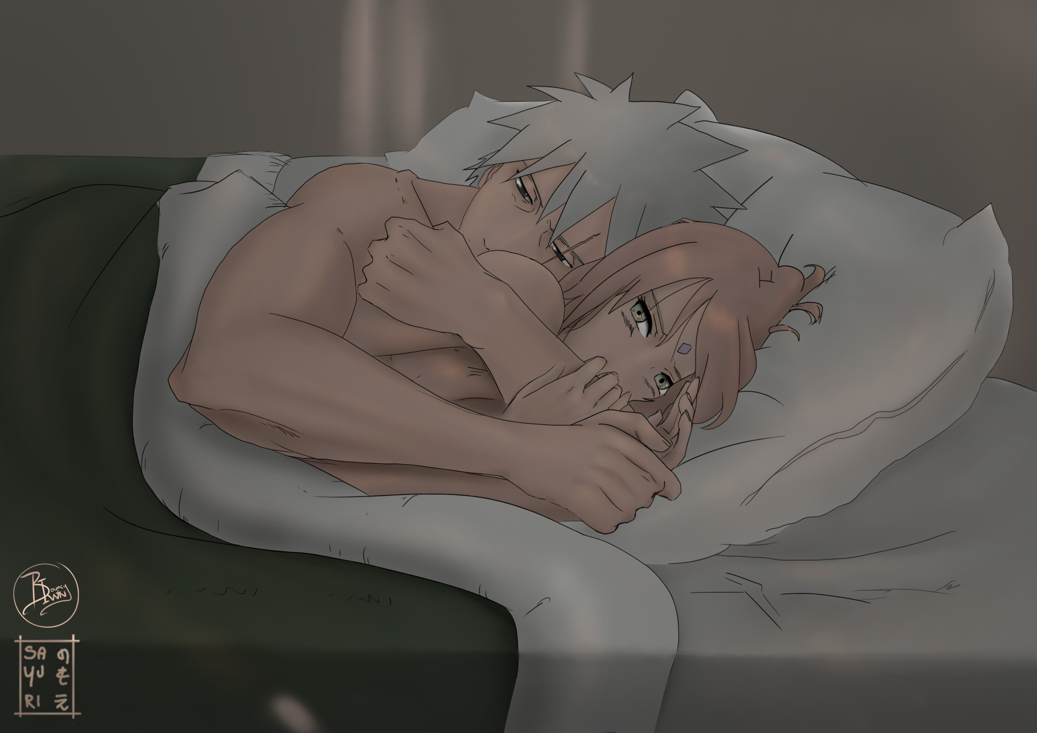 1boy, 1girls, adult, after sex, age difference, black eyes, blush, breasts, completely nude, cuddling, embarrassed, female, green eyes, hatake kakashi, lying, lying on bed, lying on side, male, male/female, naked, naruto, naruto (series), naruto shippuden, naruto: the last, nude, older male, pink hair, sakura haruno, sayuri (artist), silver hair, straight, teenager, under covers, unmasked, younger female