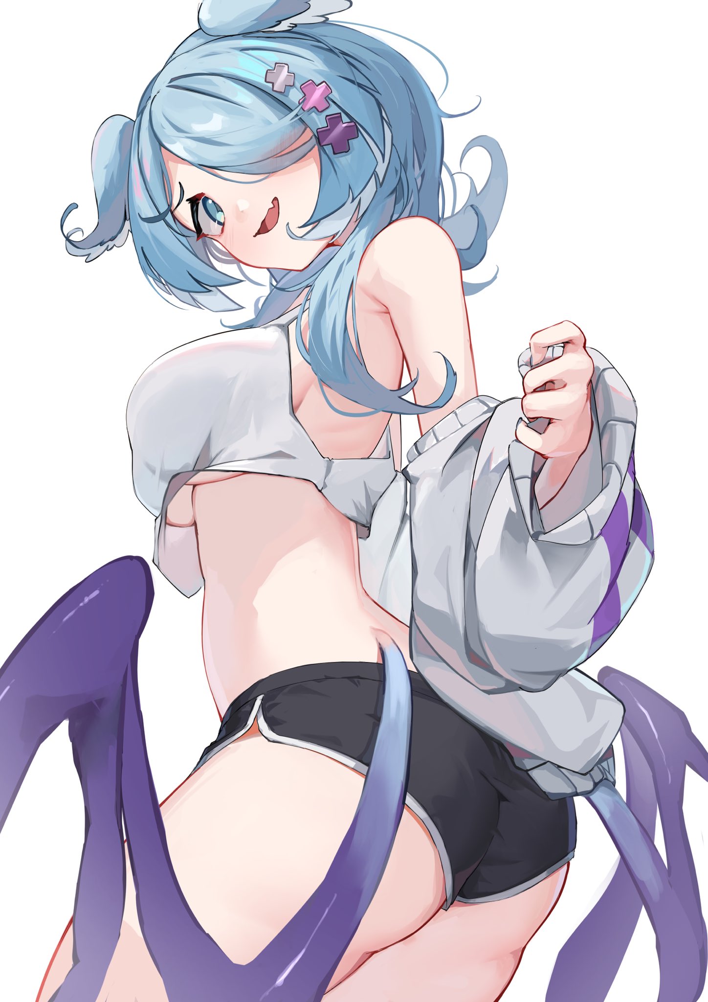 1girls, ass, bare midriff, blue hair, breasts, crop top, dolphin shorts, dragon girl, elira pendora, embarrassed, female, female only, hair over one eye, head wings, jknor, large breasts, looking back, nijisanji, nijisanji en, short shorts, shorts, solo, sports bra, underboob, undressing, virtual youtuber, wings