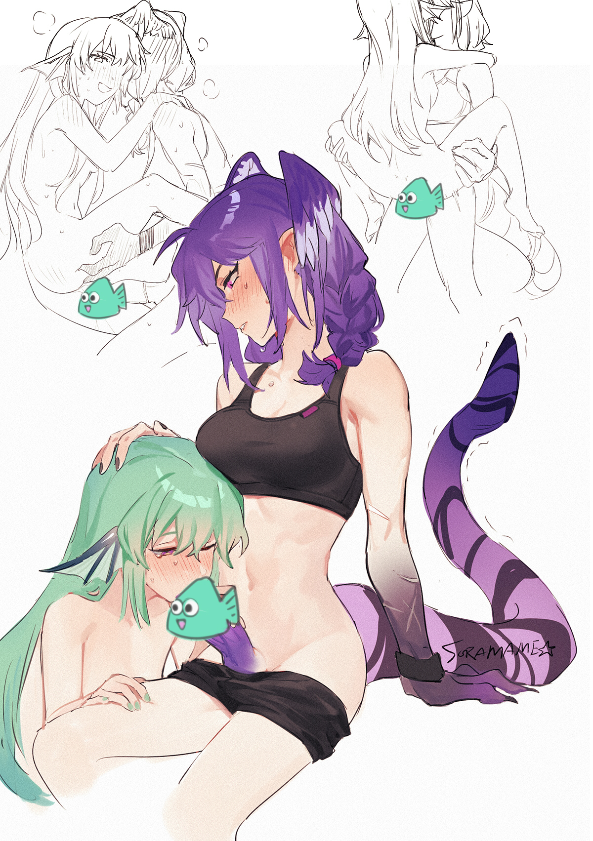 1futa, 1girls, blowjob, blush, braid, braided hair, breasts, censored, clothed, clothing, dragon girl, duo, erection, fellatio, female, finana ryugu, futa on female, futanari, green hair, head fin, head pat, head wings, held up, humanoid, humanoid penis, intersex, light skin, light-skinned female, light-skinned futa, looking at penis, medium breasts, mostly clothed, nijisanji, nijisanji en, nipples, nude, nude female, oral, painted nails, penis, purple hair, purple penis, selen tatsuki, sex, shorts down, sitting, soramame (corndog), sports bra, steam, tail, virtual youtuber