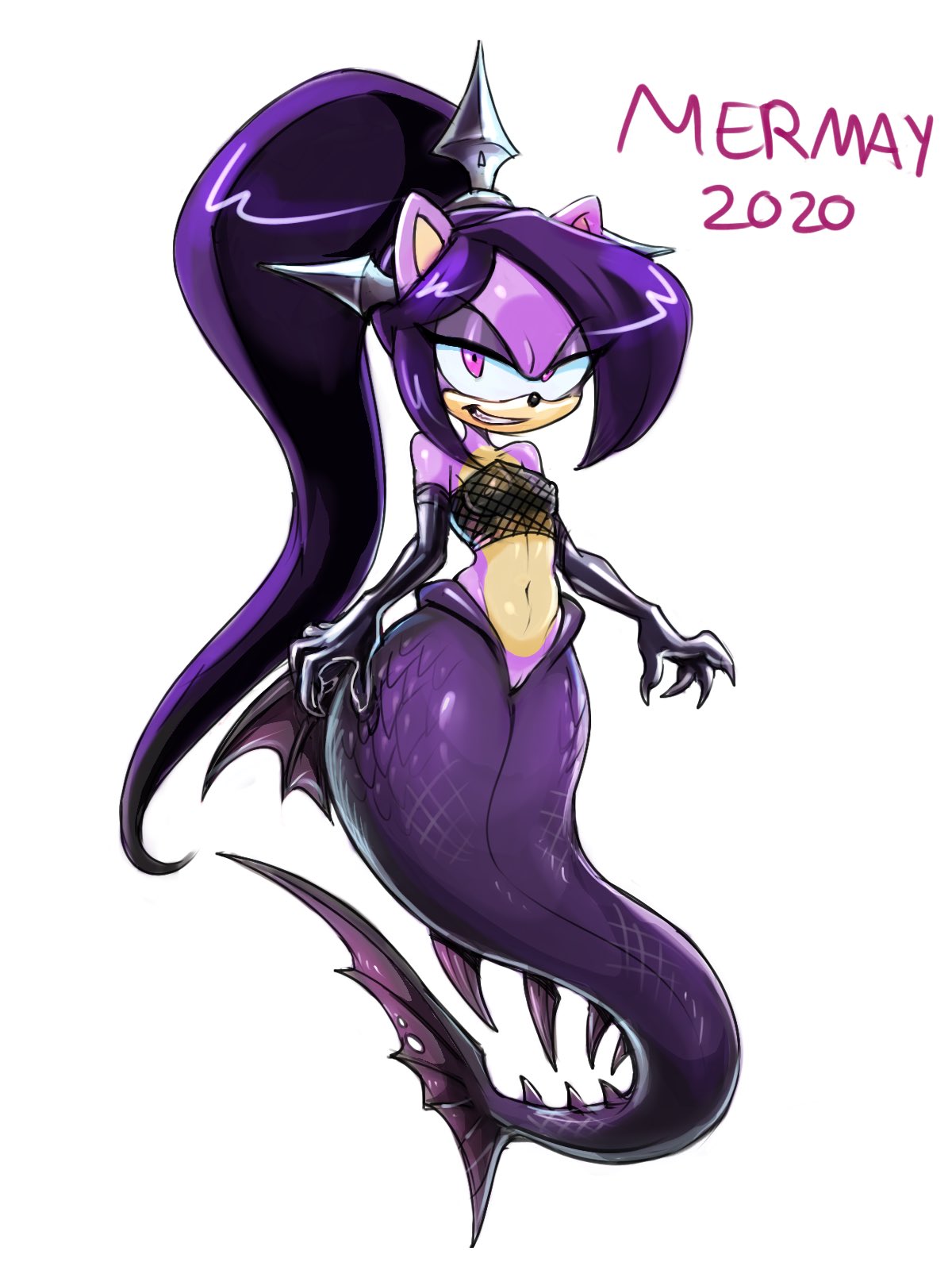 2020 3:4 anthro armwear claws clothing elbow_gloves fan_character female fishnet_bikini genitals gloves handwear hi_res latex latex_clothing latex_gloves looking_at_viewer marine merfolk narrowed_eyes navel noupie pussy sega solo sonic_(series) sonic_the_hedgehog_(series) split_form star_the_spineless_hedgehog