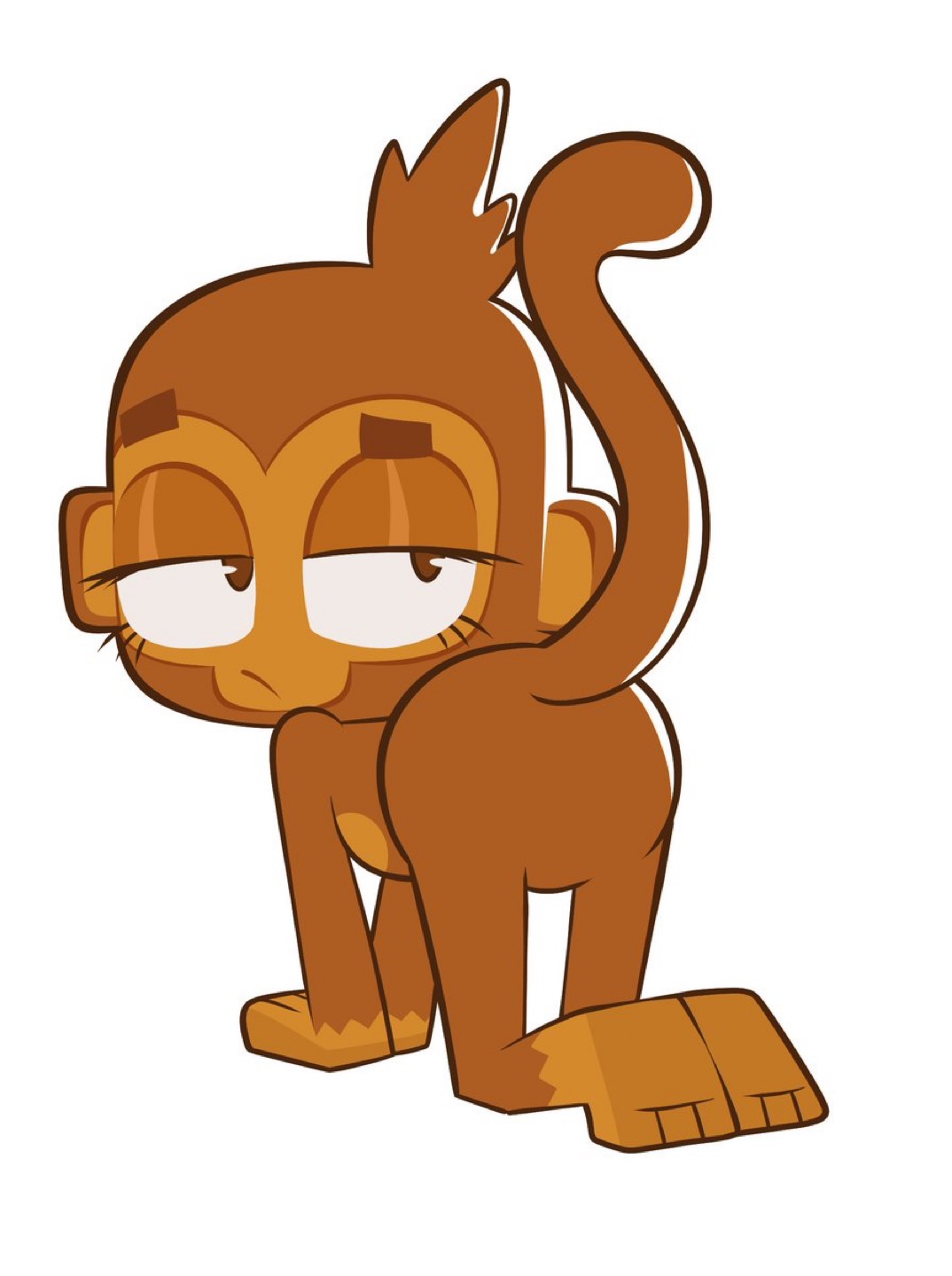 all fours, anthro, bent over, bloons tower defense, disinterested, eyelashes, fatalafterdark, featureless crotch, female, haplorhine, hi res, looking at viewer, looking back, monkey, monkey girl, ninja kiwi, no genitals, official style, primate, raised tail, shaded, simple background, solo, tail, white background