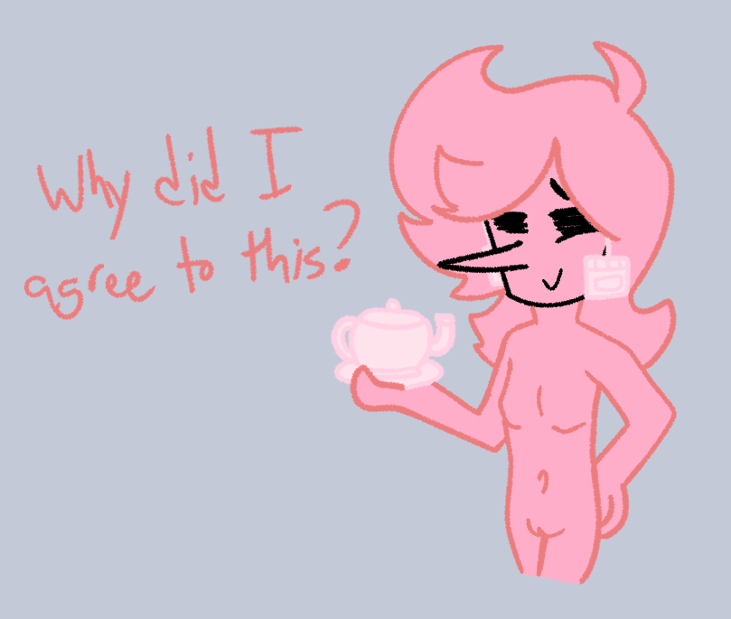 1girls 2d addison_(deltarune) artistic_nude deltarune earrings embarrassed female flat_chest front_view full_frontal hair_down holding_object long_nose nude nude_female pink_addison_(deltarune) pink_body pink_hair pink_skin pussy simple_background tea_pot vagina