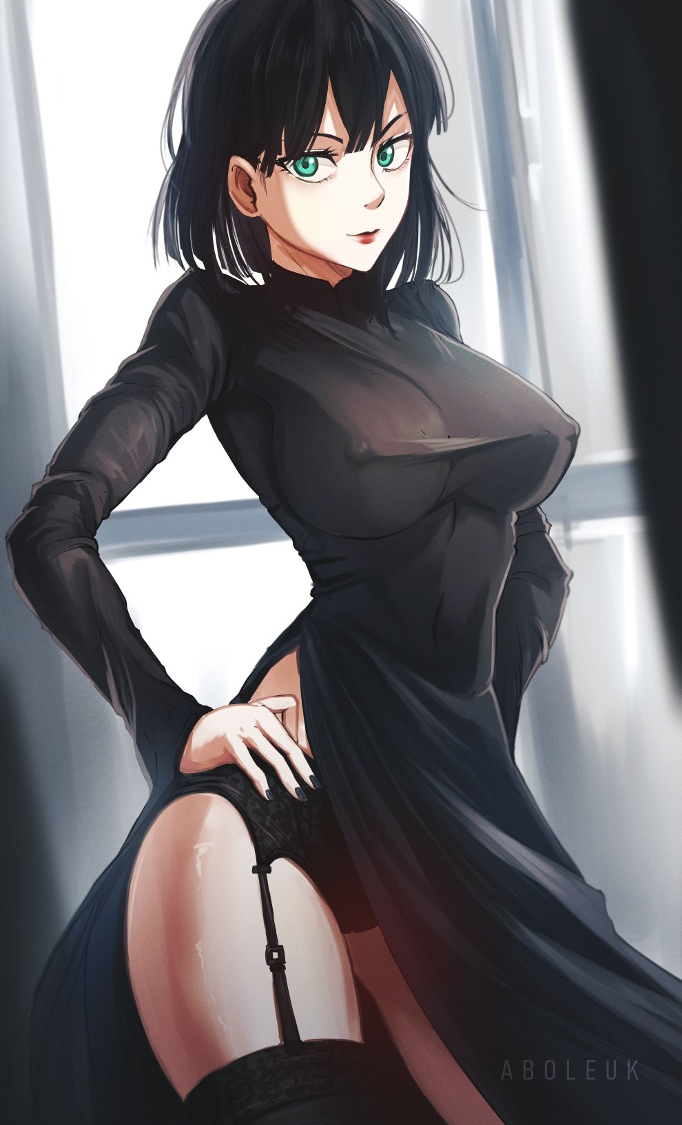 1girls, aboart, aboleuk, akobeul, bangs, big breasts, black hair, breasts, busty, clothed, clothing, curvaceous, curvy, curvy body, curvy female, curvy figure, dark green hair, dress, eye contact, eyelashes, female, fringe, fubuki (one-punch man), garter belt, garter straps, green eyes, hands on hips, hips, hourglass figure, large breasts, legs, light skin, light-skinned female, lingerie, lips, lipstick, looking at viewer, medium hair, nipple bulge, one-punch man, see-through, see-through clothing, short hair, side slit, slim, slim waist, smile, smiling, smiling at viewer, smirk, solo, standing, thick thighs, thighs, tight clothing, voluptuous, wide hips