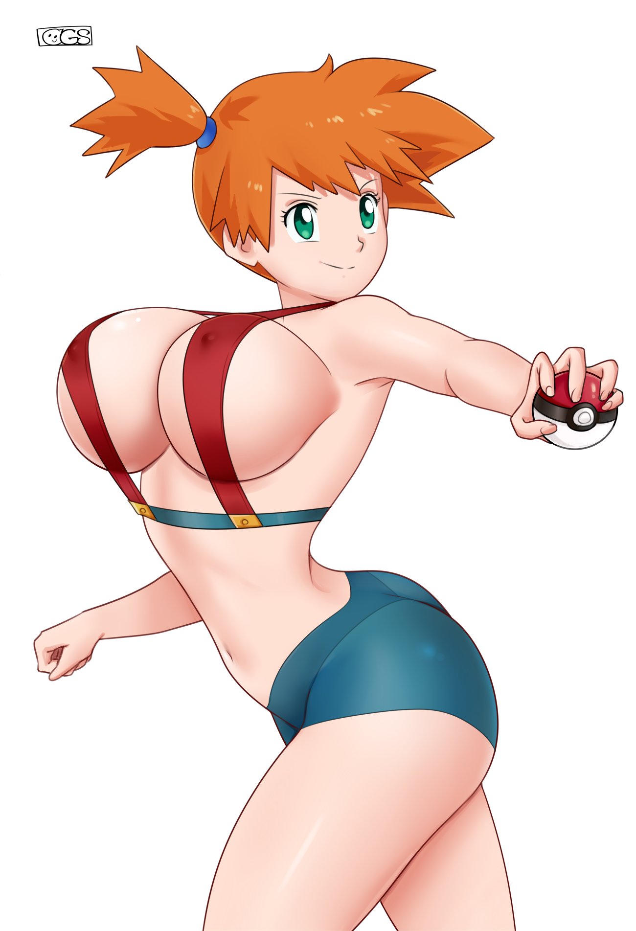 1girls alternate_breast_size armpits ass asymmetrical_hair back blush breasts creatures_(company) eyelashes female female_only game_freak gen_1_pokemon green_eyes gummslime gym_leader hair_between_eyes hair_tie highres holding holding_poke_ball huge_breasts human kasumi_(pokemon) kero2099 large_breasts legs navel nintendo nipples orange_hair poke_ball poke_ball_(generic) pokemon pokemon_(anime) pokemon_(classic_anime) pokemon_(game) pokemon_rgby ponytail shirt short_hair short_shorts shorts side_ponytail sideboob smile solo suspenders thighs tied_hair