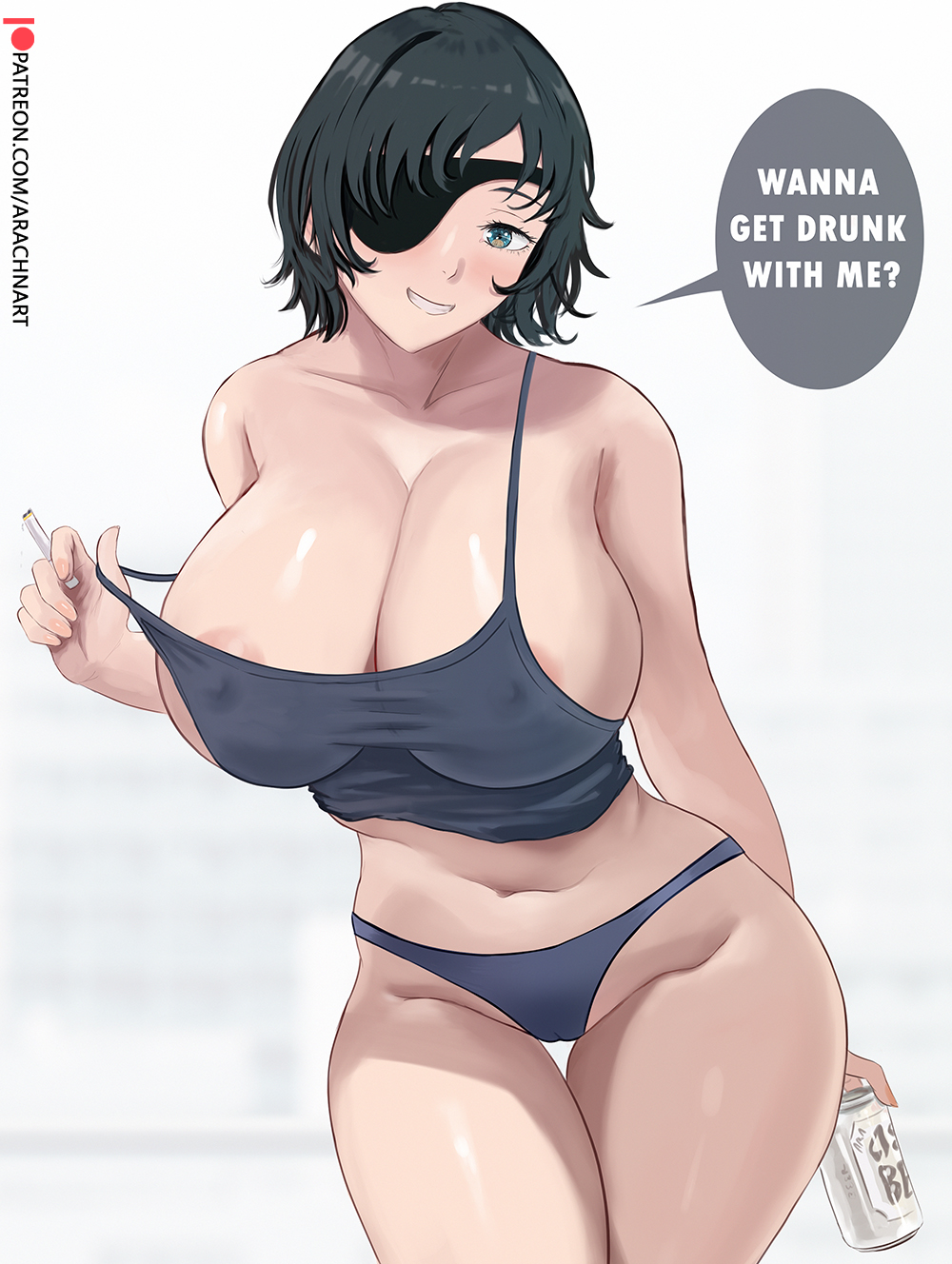 1girls, arachnart, areola slip, areolae, beer, black hair, black-haired female, breasts, chainsaw man, dialogue, english text, eyepatch, female, grey eyes, himeno (chainsaw man), holding object, huge breasts, light skin, light-skinned female, nipples, panties, short hair, speech bubble, tank top, thick thighs, thighs