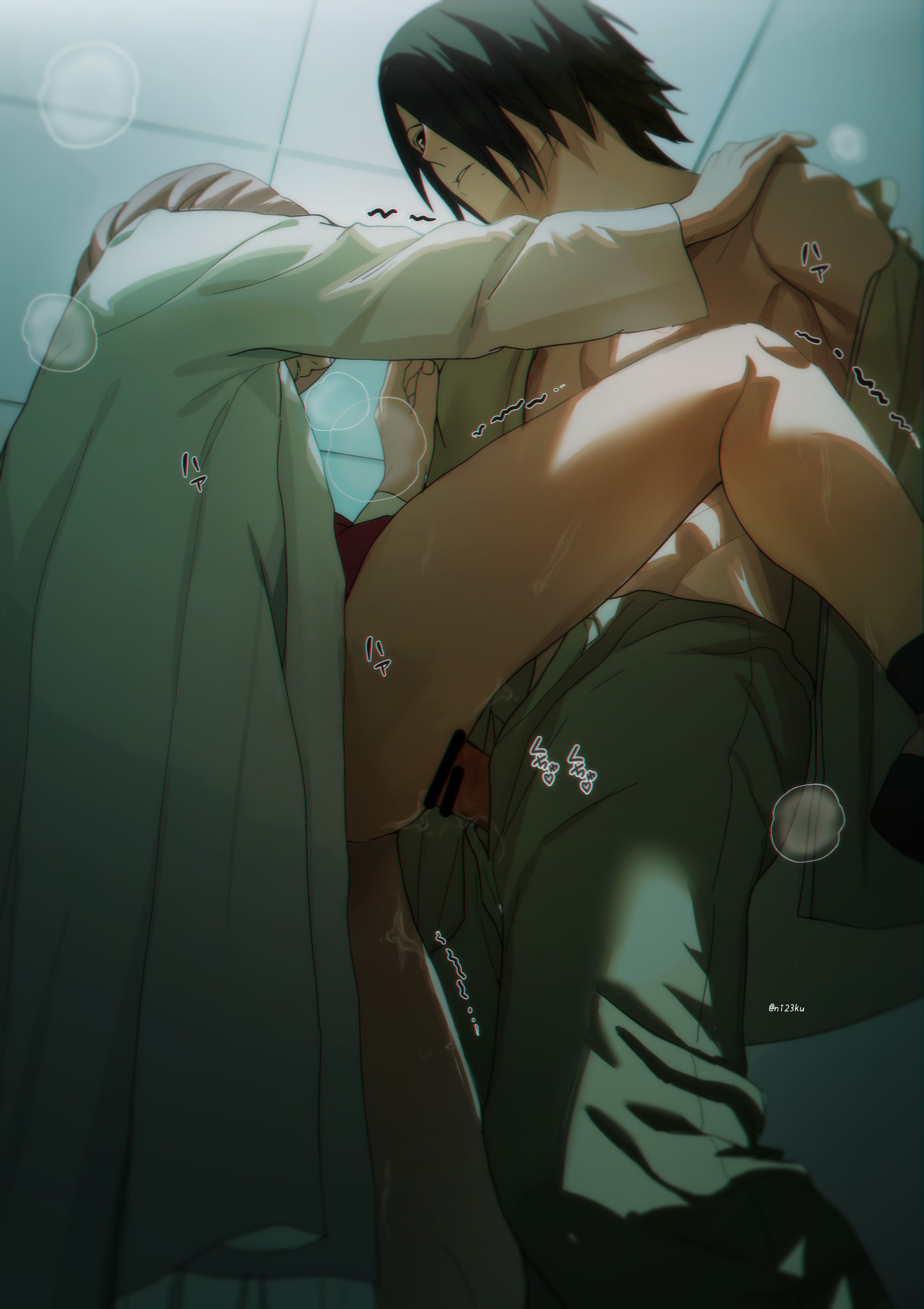 1boy, 1girls, against wall, black hair, bodily fluids, boruto: naruto next generations, canon couple, censor bar, censored, censored penis, couple, female, female penetrated, haruno sakura, human, labcoat, leg up, male, male penetrating, male penetrating female, male/female, naruto, naruto (series), ni23ku, partially clothed, penis, pink hair, pussy, sakura haruno, sasuke uchiha, sex, standing, standing sex, straight, uchiha sakura, uchiha sasuke, vaginal penetration, viewed from below