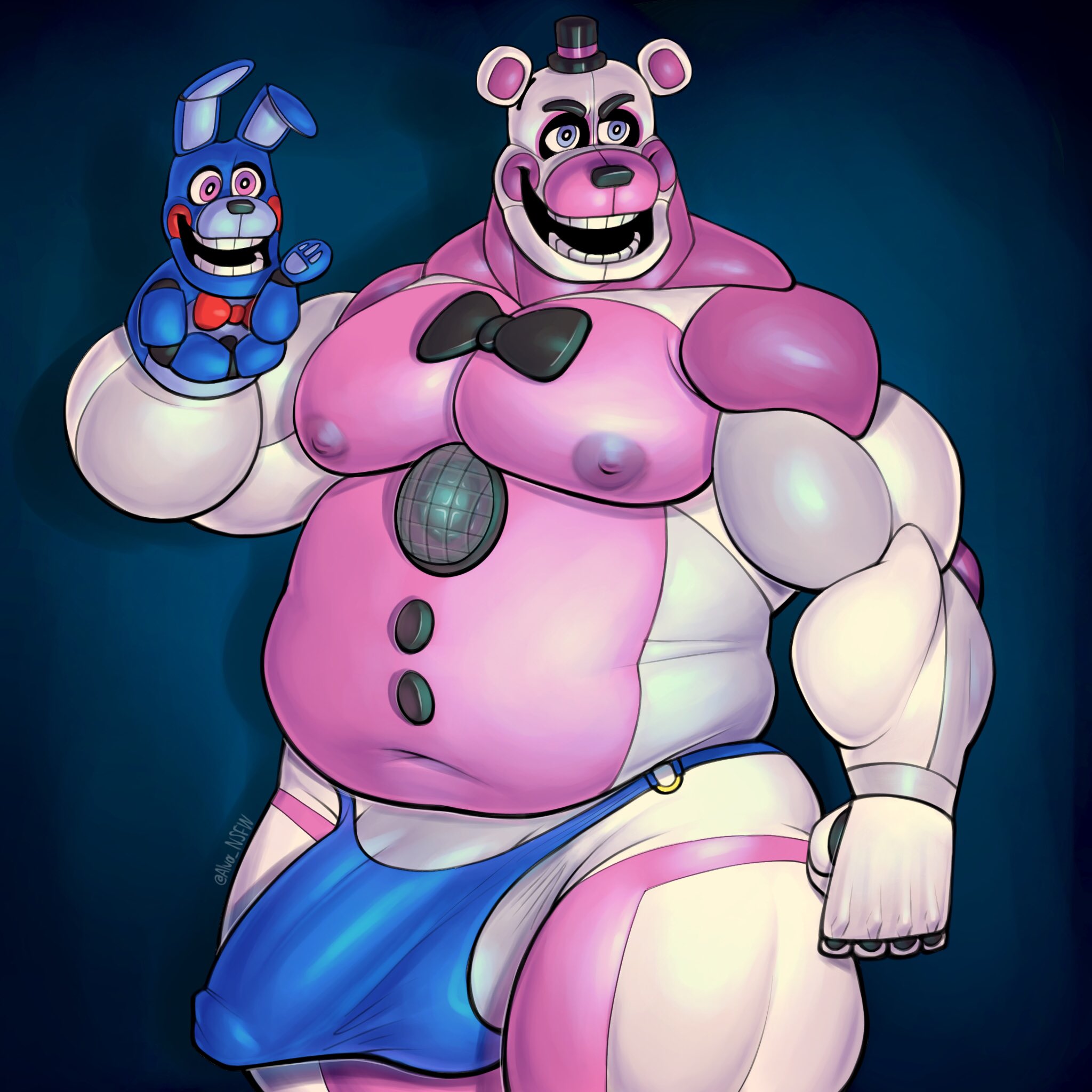 1boy, alva nsfw, anthro, bara, bear, big belly, big pecs, bulge, bulge through clothing, chubby male, erection, erection under clothes, five nights at freddy's, five nights at freddy's: sister location, fnaf, funtime freddy (fnafsl), gay, humanoid, male, male only, male/male, muscular, muscular male, partially clothed, pecs, penis, puppet bonnie (fnafsl), underwear, yaoi