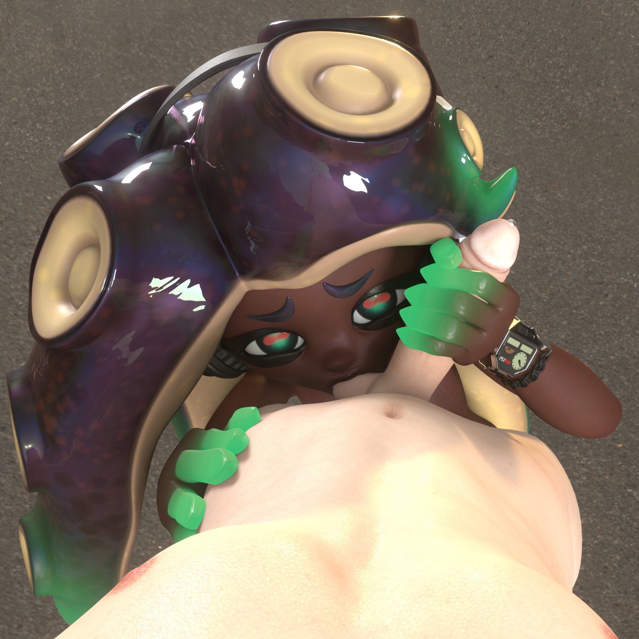 3d, 3d (artwork), balls, blowjob, dark skin, dark-skinned female, dubious butter, fellatio, interracial, jerking, light skin, light-skinned male, male, marina (splatoon), marina (wo262), pov eye contact, precum, splatoon, sucking balls, sucking testicles, tentacle hair, testicles, wo262 (3d model style)
