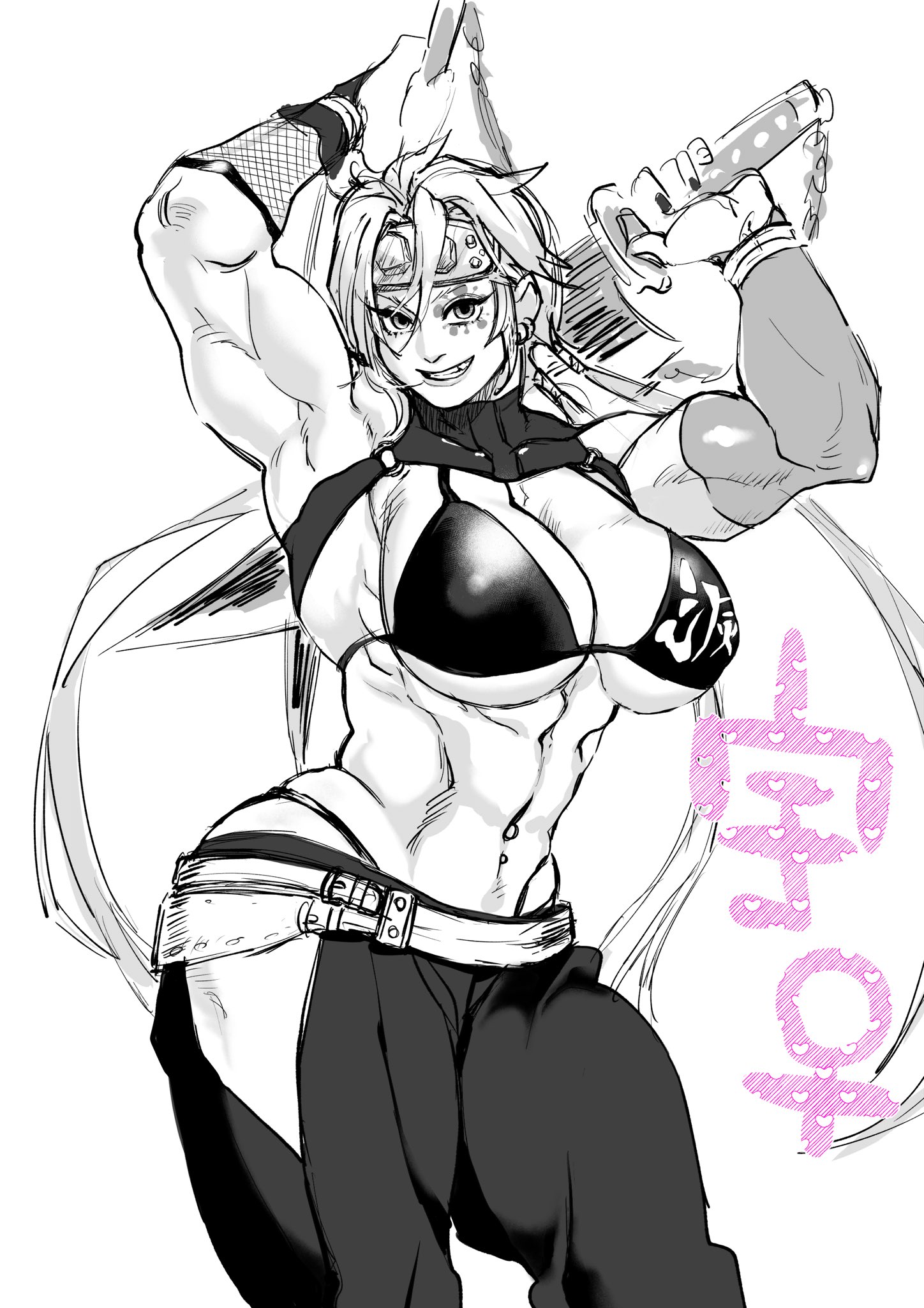 abs, alternate costume, arms up, bare midriff, big breasts, bikini top, breasts, cleavage, demon slayer, facepaint, facial mark, female, female only, genderswap, genderswap (mtf), gloves, grin, hakama, headband, headwear, hip vent, huge breasts, kimetsu no yaiba, long hair, looking at viewer, monochrome, muscular, muscular female, navel piercing, oyasumi nashu, rule 63, sketch, smile, solo, thong above pants, thong straps, underboob, uzui tengen, weapon, wide hips